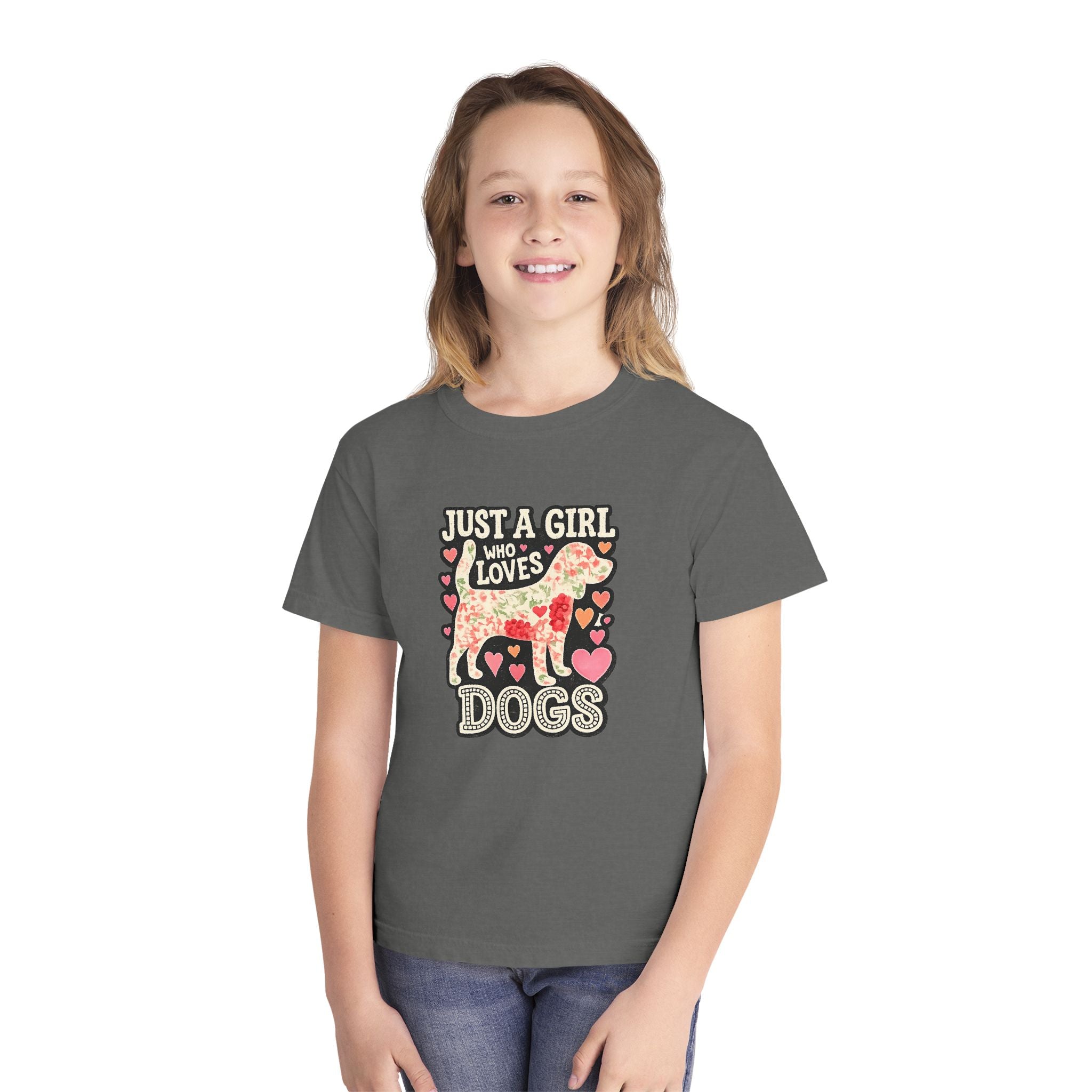 Youth Tee — "Just a Girl Who Loves Dogs" Cute Heart Dog Graphic