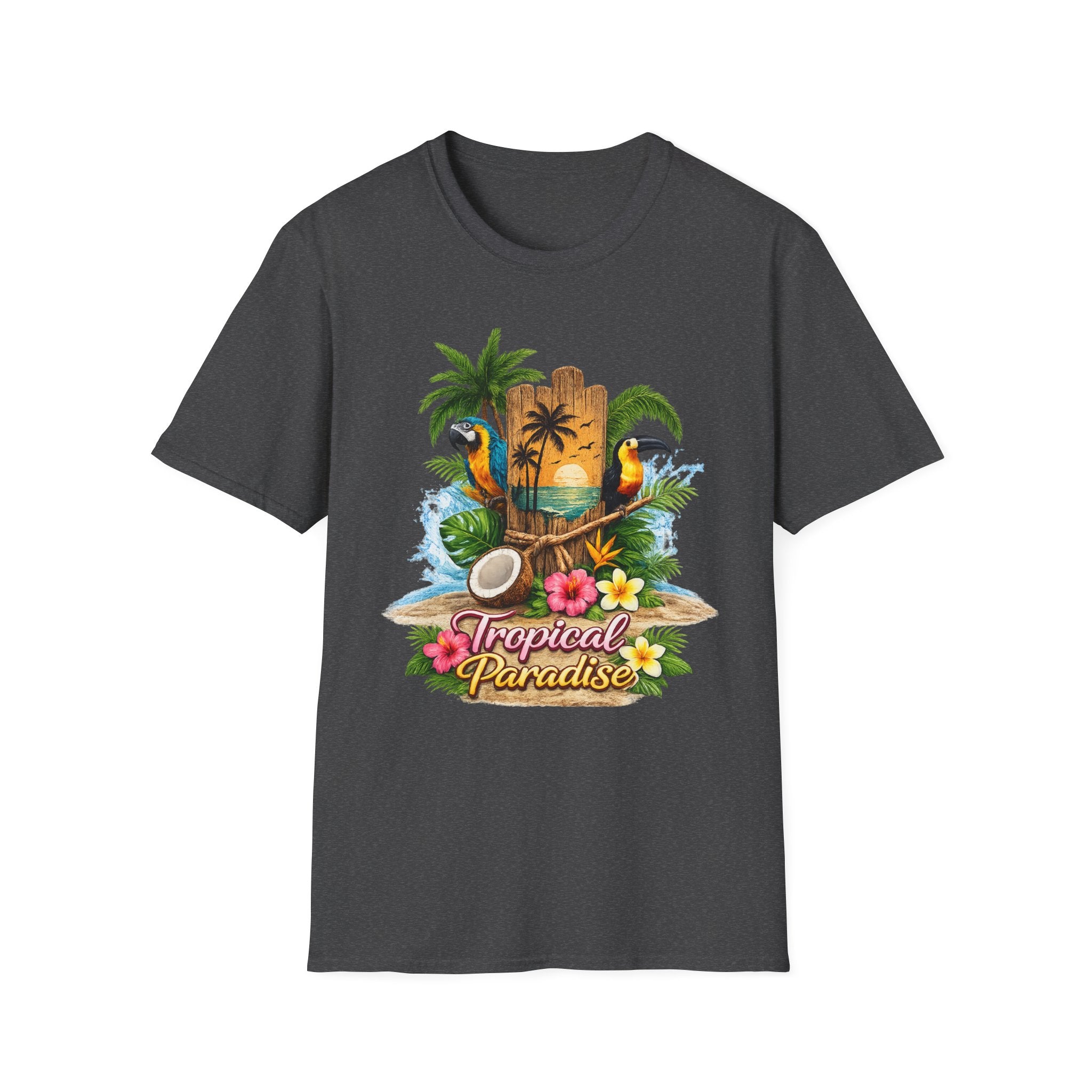 T-Shirt — Tropical Paradise Parrots Beach Graphic Tee