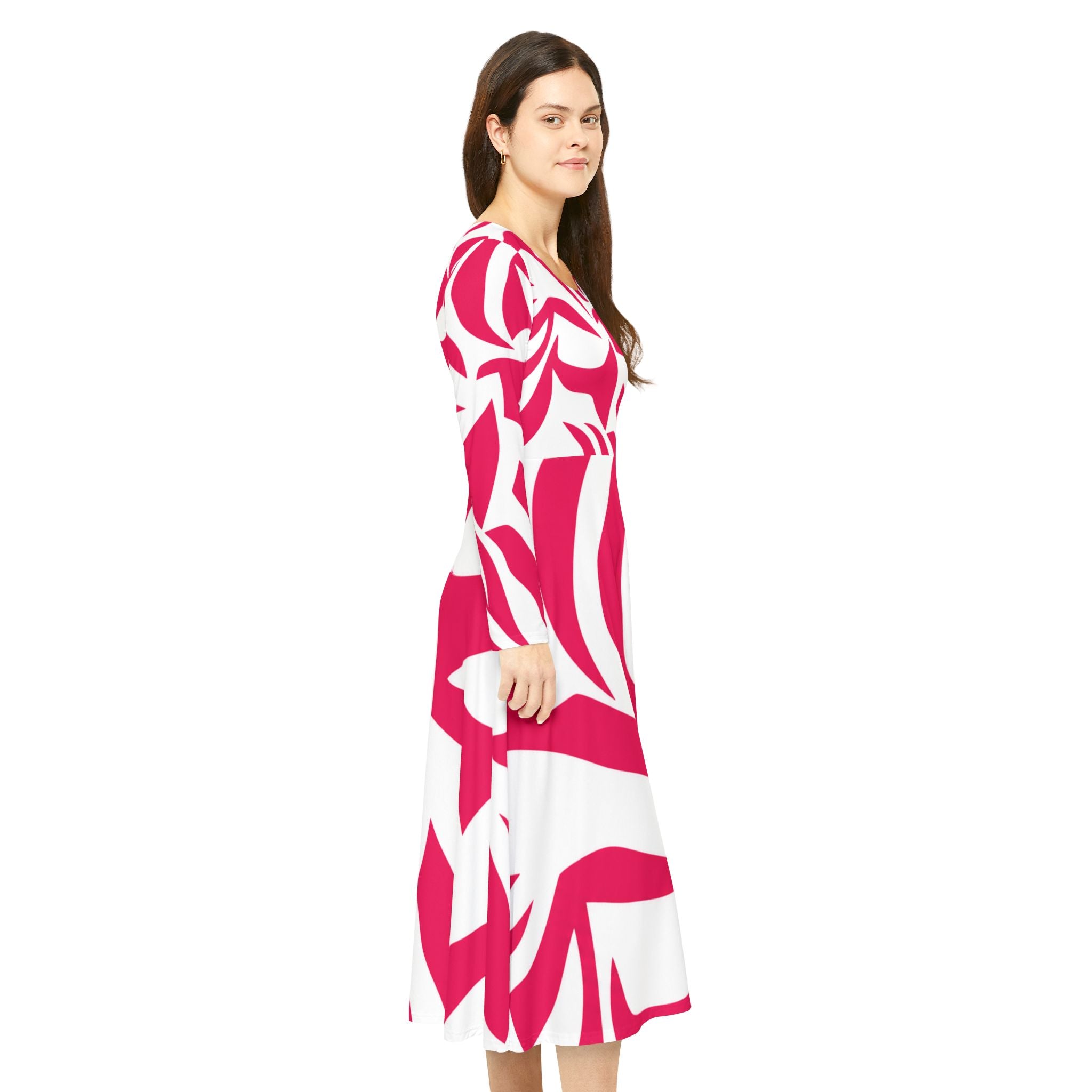 Pink Abstract Floral Dance Dress — Women's Long Sleeve Twirl Dress
