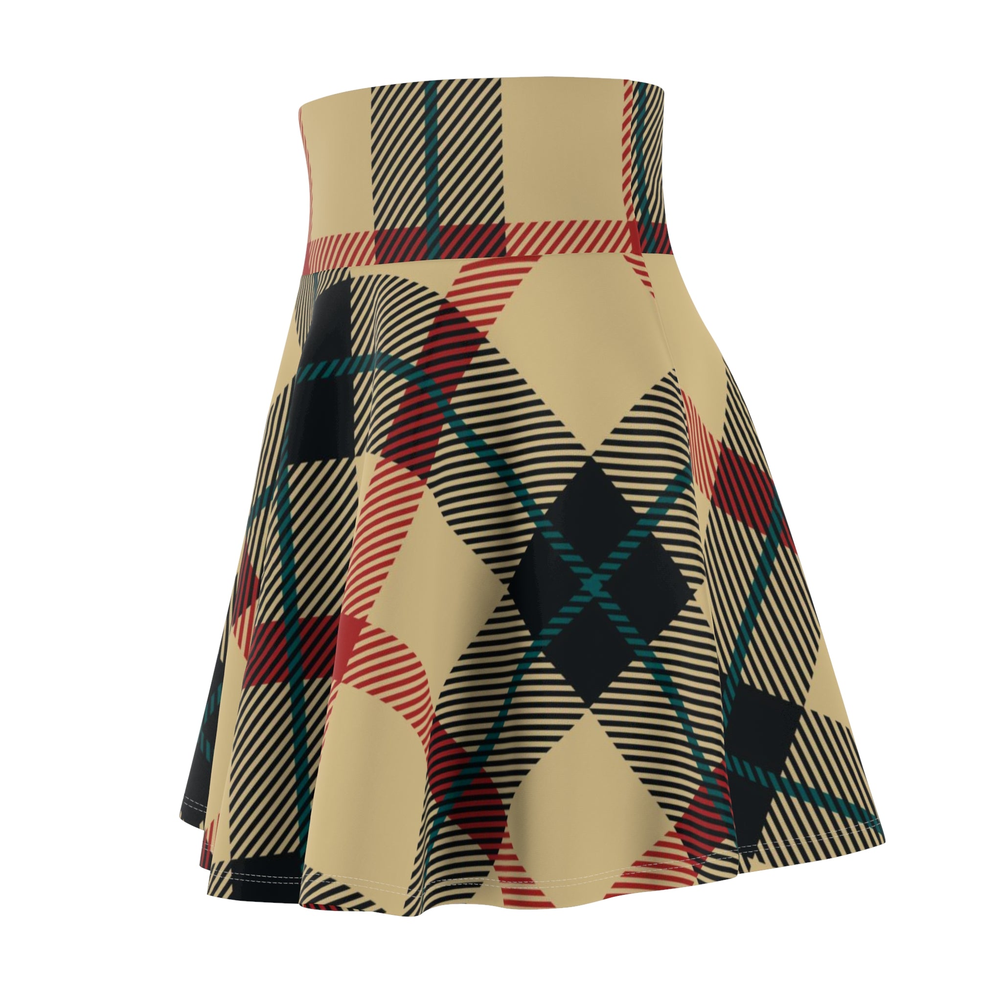 Plaid Skater Skirt — Vintage Beige & Red Tartan AOP