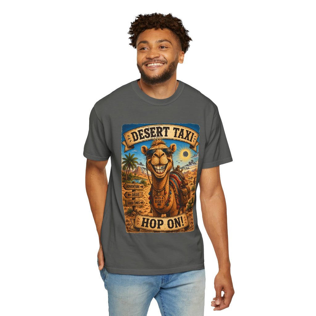 Desert Taxi Camel T-Shirt — 'Hop On!' Retro Desert Travel Tee