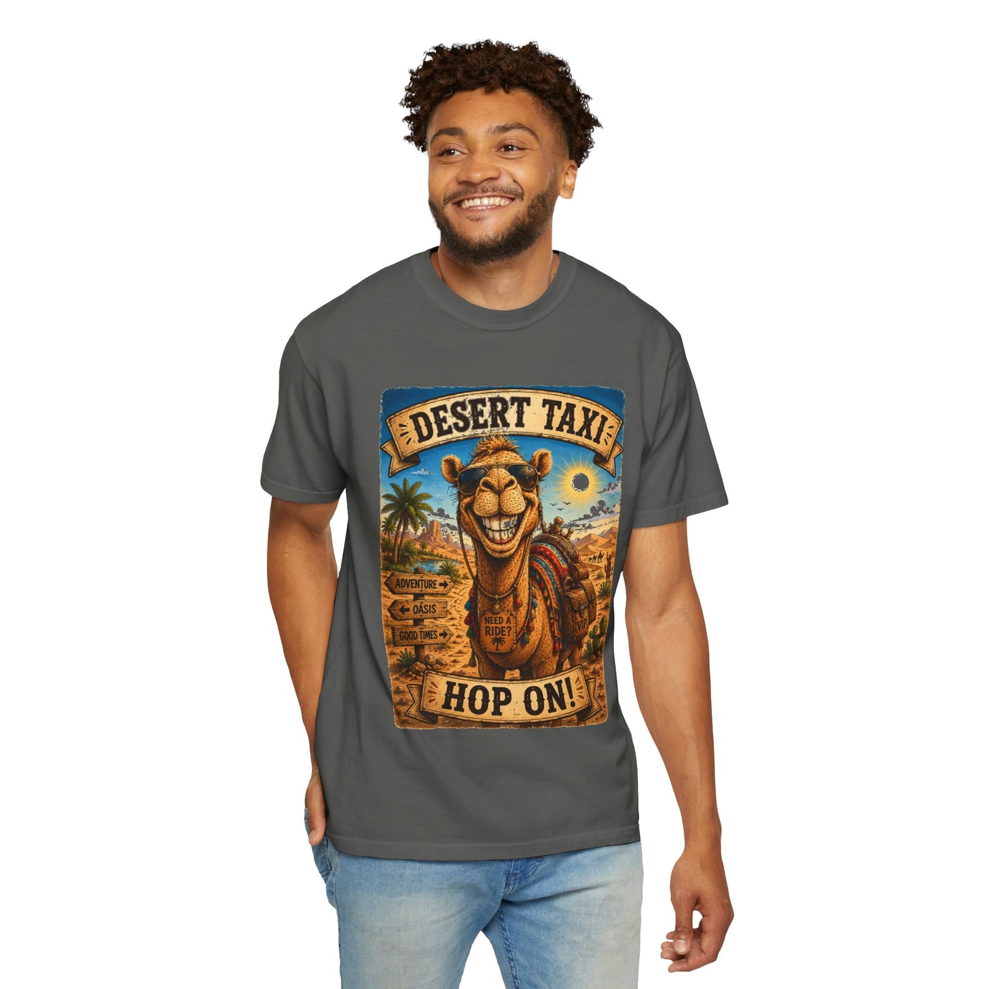 Desert Taxi Camel T-Shirt — 'Hop On!' Retro Desert Travel Tee