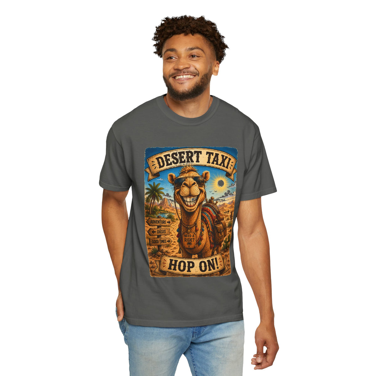 Desert Taxi Camel T-Shirt — 'Hop On!' Retro Desert Travel Tee