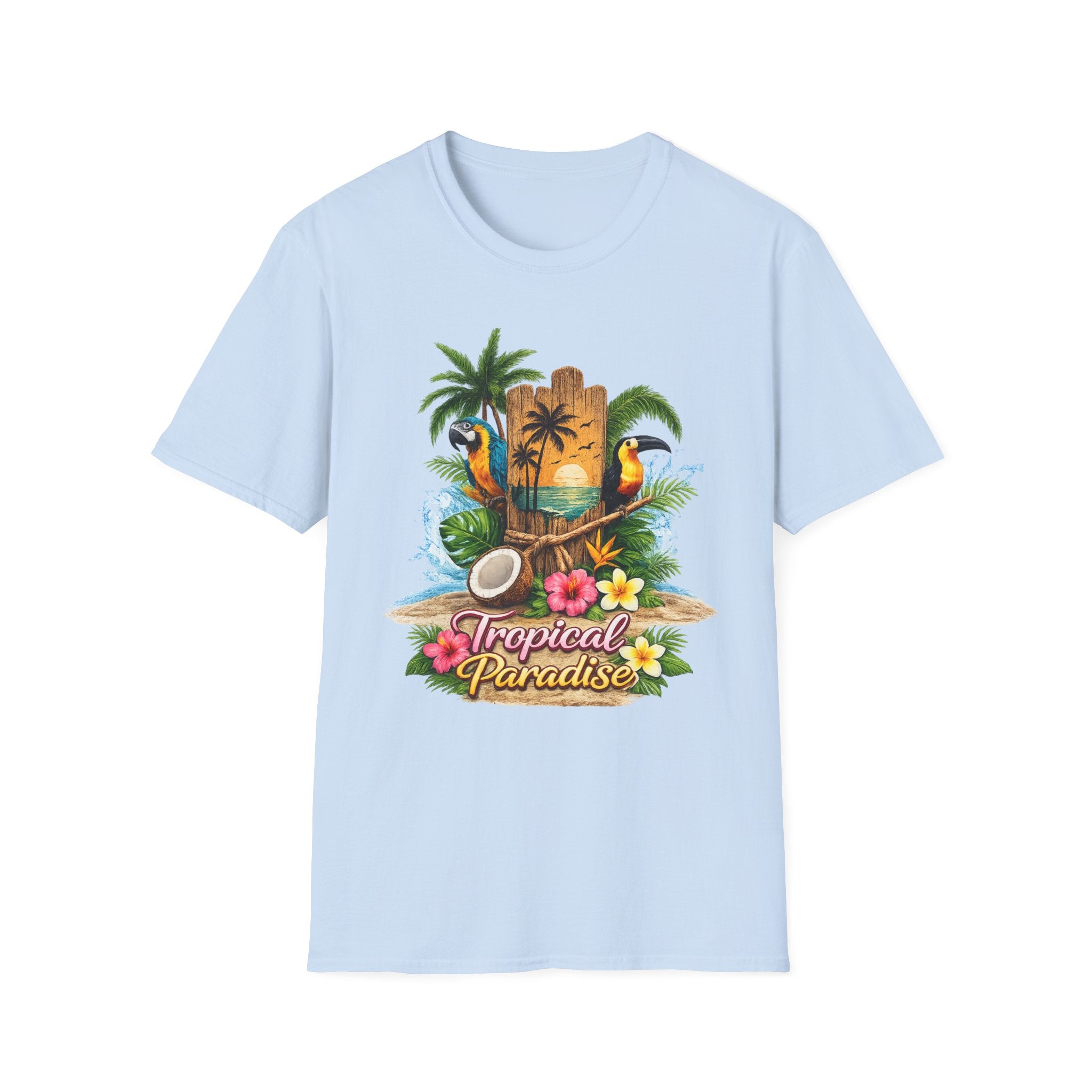 T-Shirt — Tropical Paradise Parrots Beach Graphic Tee
