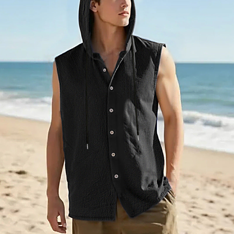 Casual Sleeveless Hooded Linen Vest for Men Breathable Solid ColorSummer Fashion