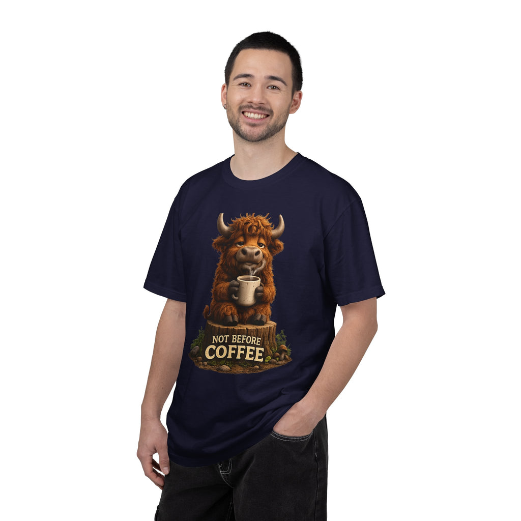 T-Shirt — Cute Highland Cow 'Not Before Coffee' Graphic Tee
