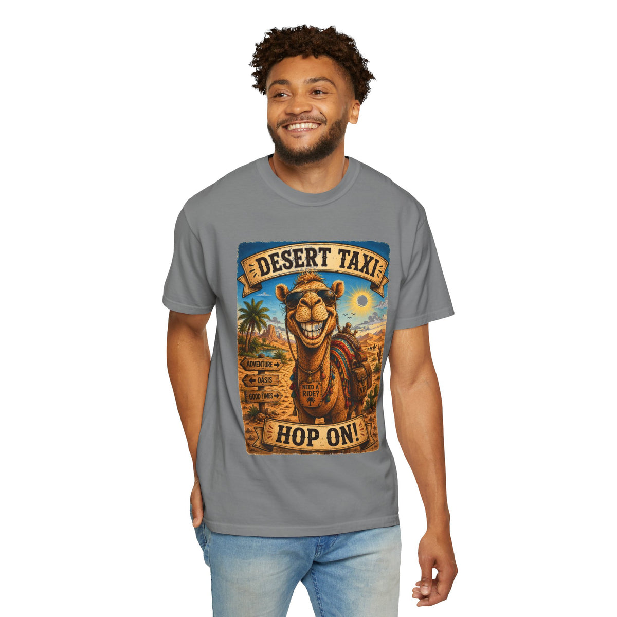 Desert Taxi Camel T-Shirt — 'Hop On!' Retro Desert Travel Tee