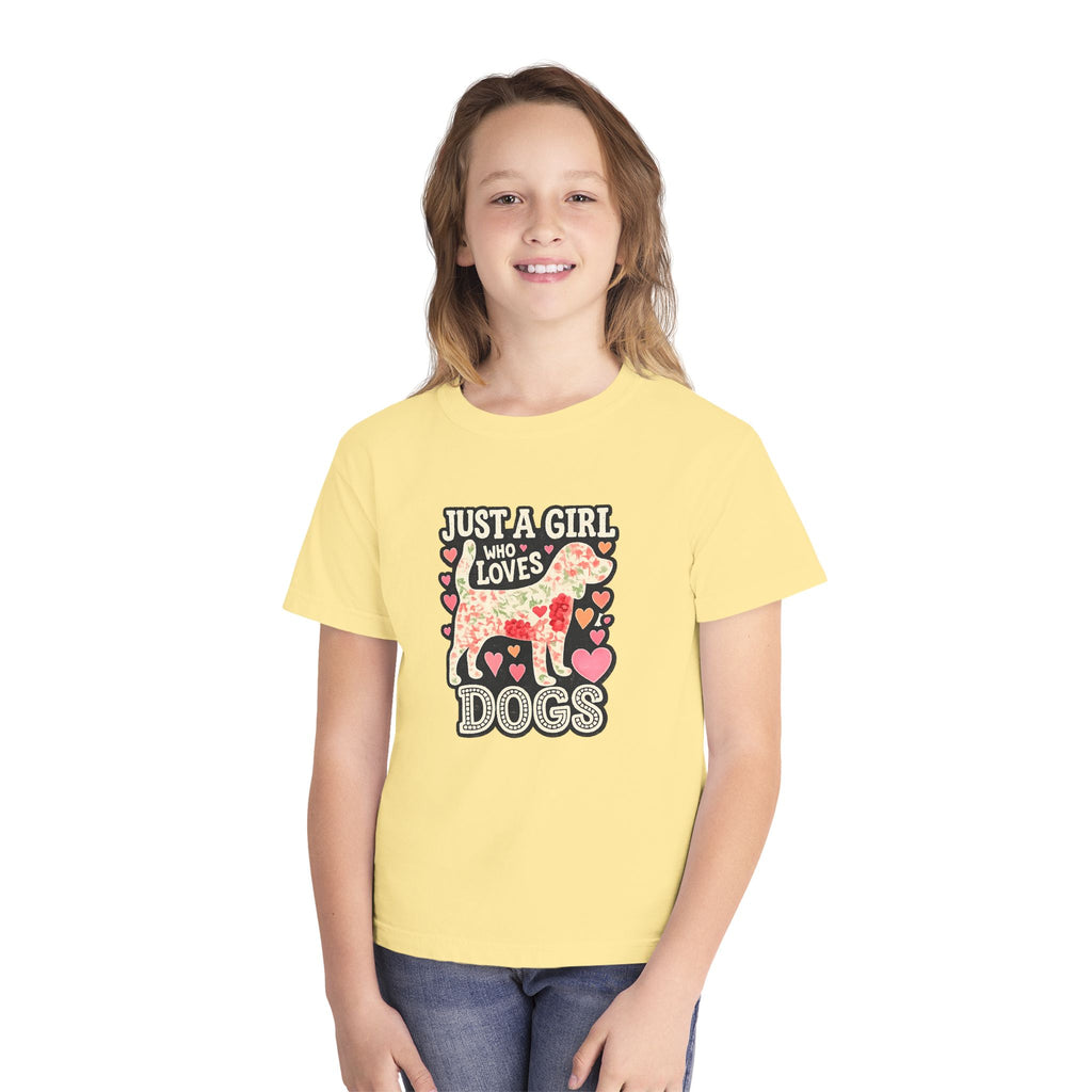 Youth Tee — "Just a Girl Who Loves Dogs" Cute Heart Dog Graphic
