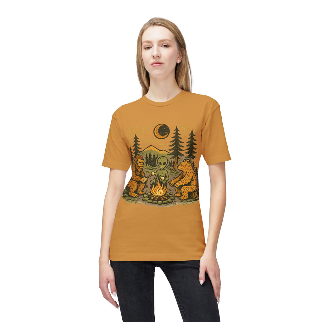 Alien Campfire Tee — Bigfoot & Bear Night Camp Graphic T-Shirt