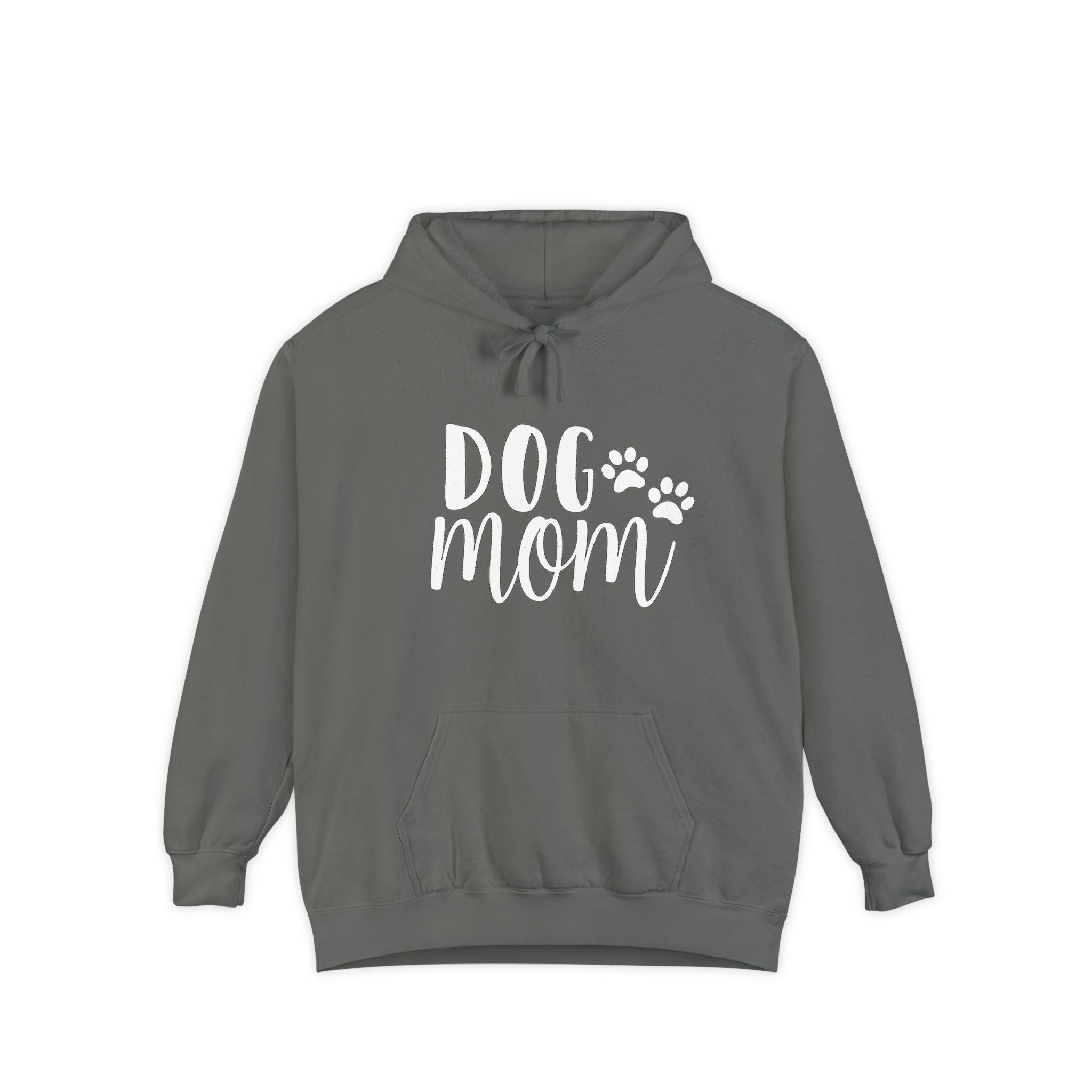 Dog Mom Hoodie — Cozy Garment-Dyed Pullover with Paw Print Script