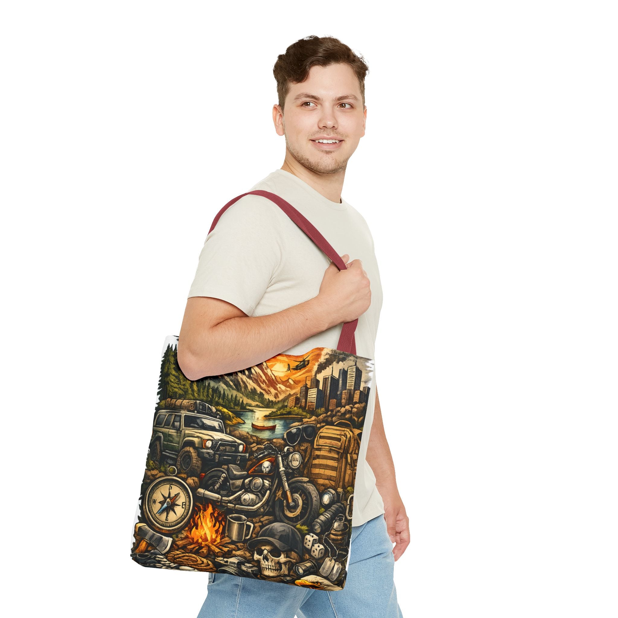Adventure Motorcycle Tote Bag — Campfire Road Trip All-Over Print