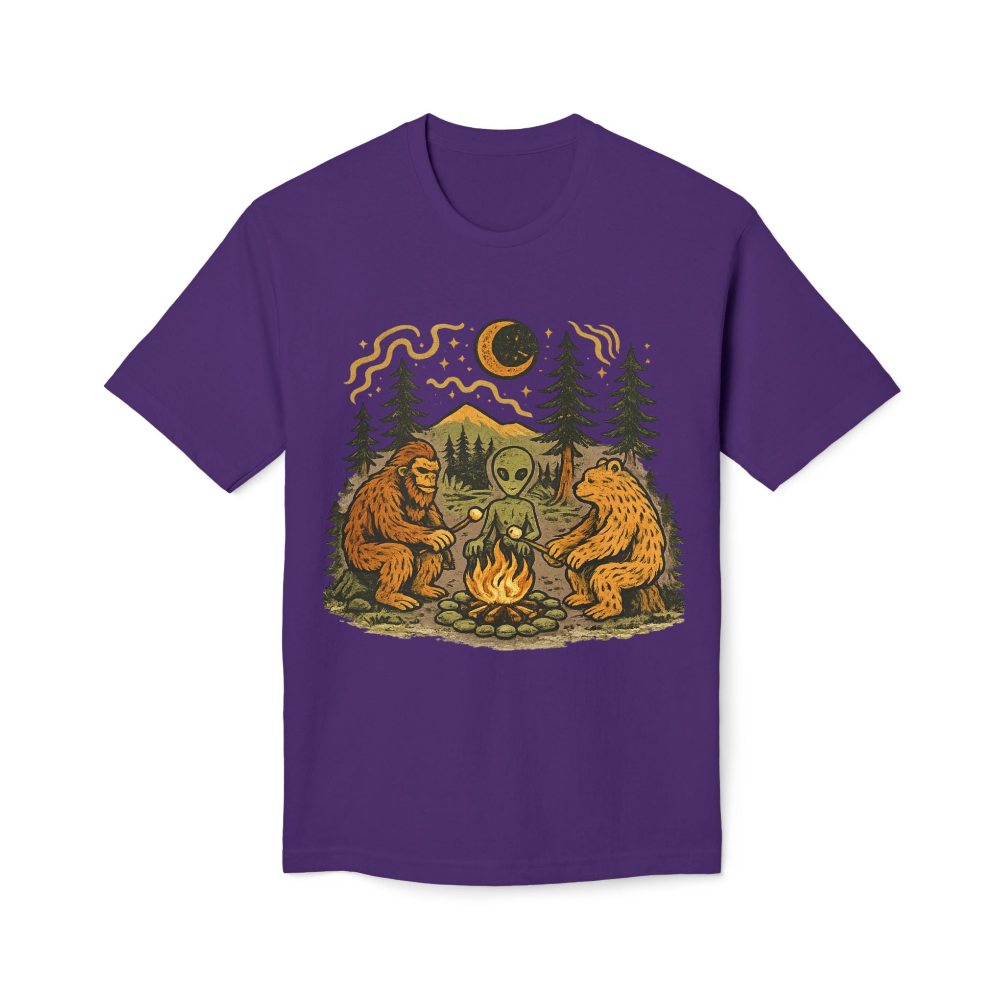 Alien Campfire Tee — Bigfoot & Bear Night Camp Graphic T-Shirt
