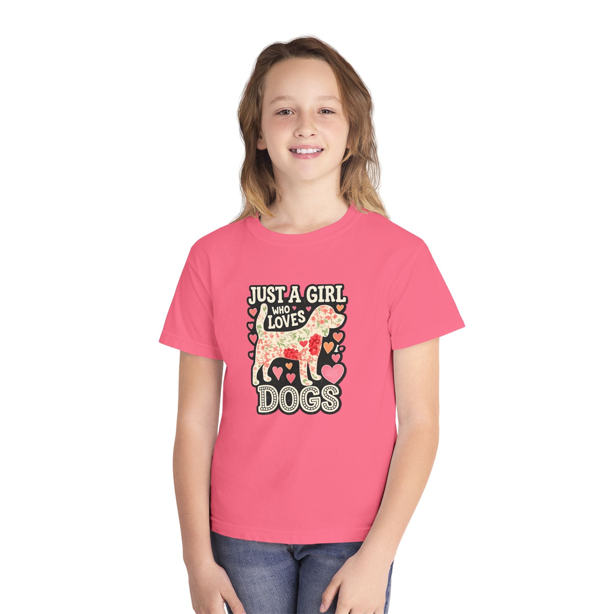 Youth Tee — "Just a Girl Who Loves Dogs" Cute Heart Dog Graphic