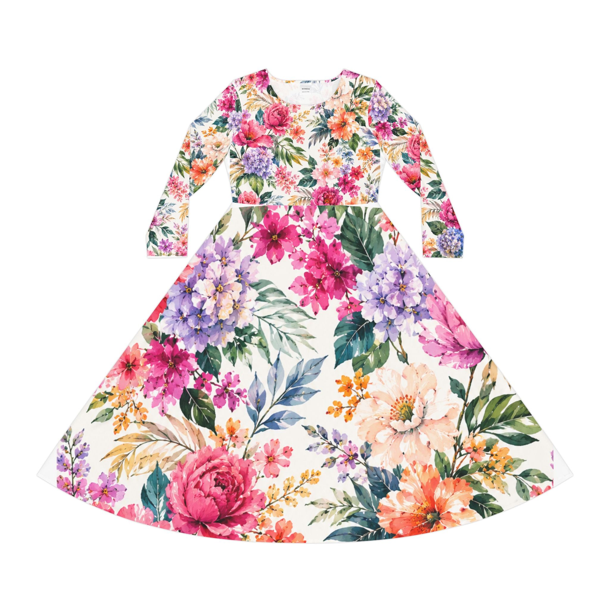 Floral Long-Sleeve Dance Dress — Vintage Watercolor Garden Print