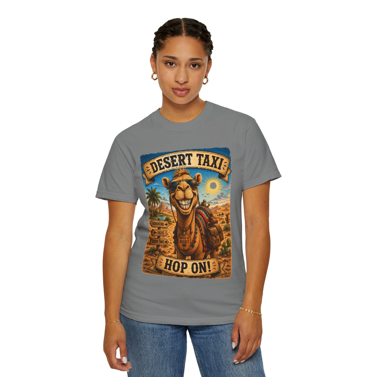 Desert Taxi Camel T-Shirt — 'Hop On!' Retro Desert Travel Tee