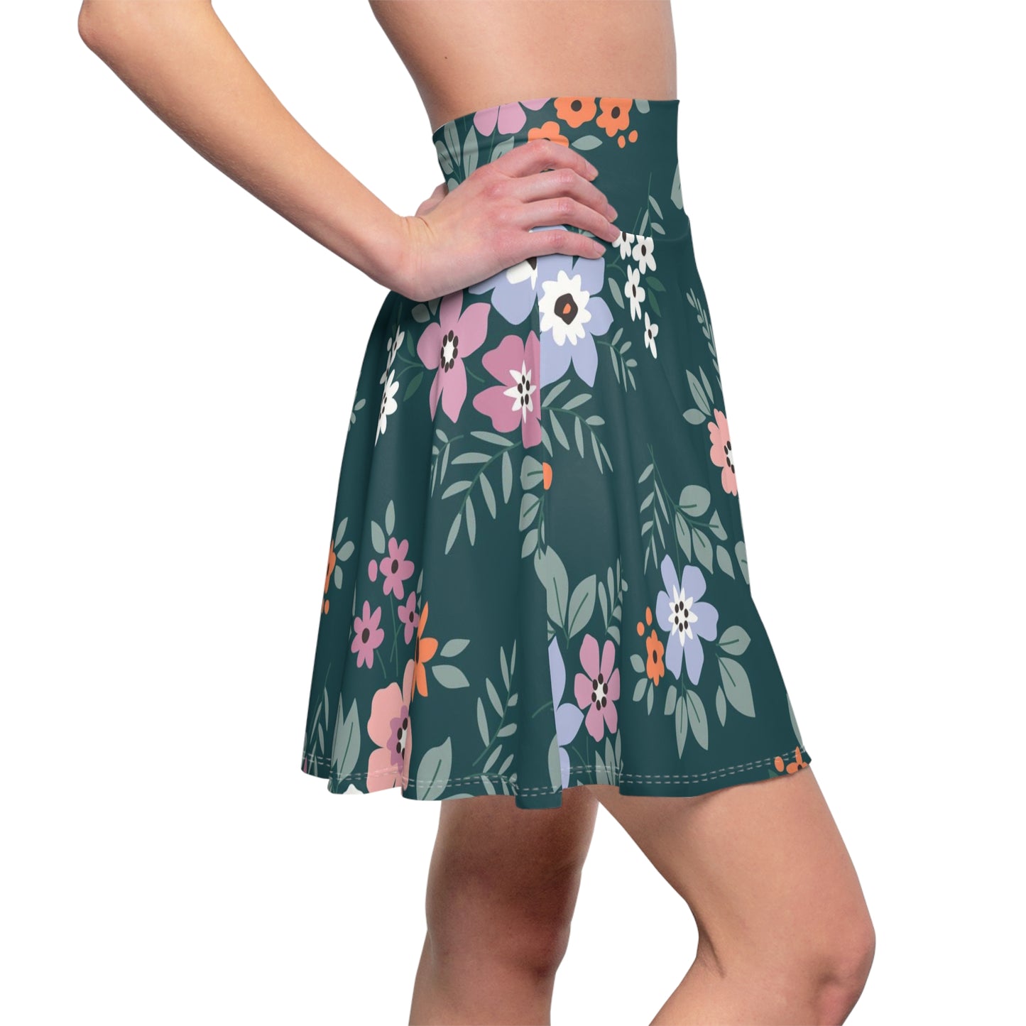 Floral Teal Skater Skirt — Pink & Peach Blossom AOP