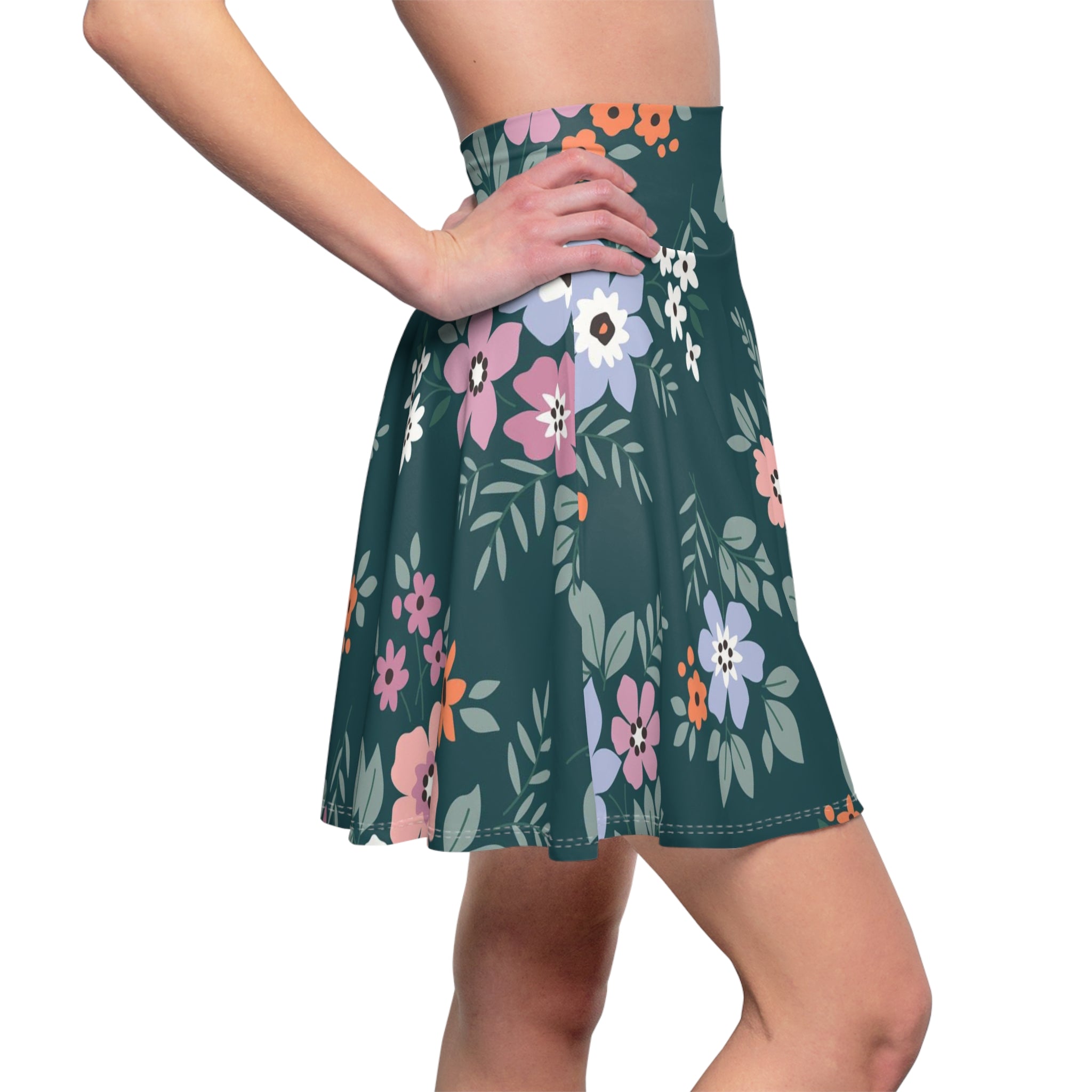 Floral Teal Skater Skirt — Pink & Peach Blossom AOP
