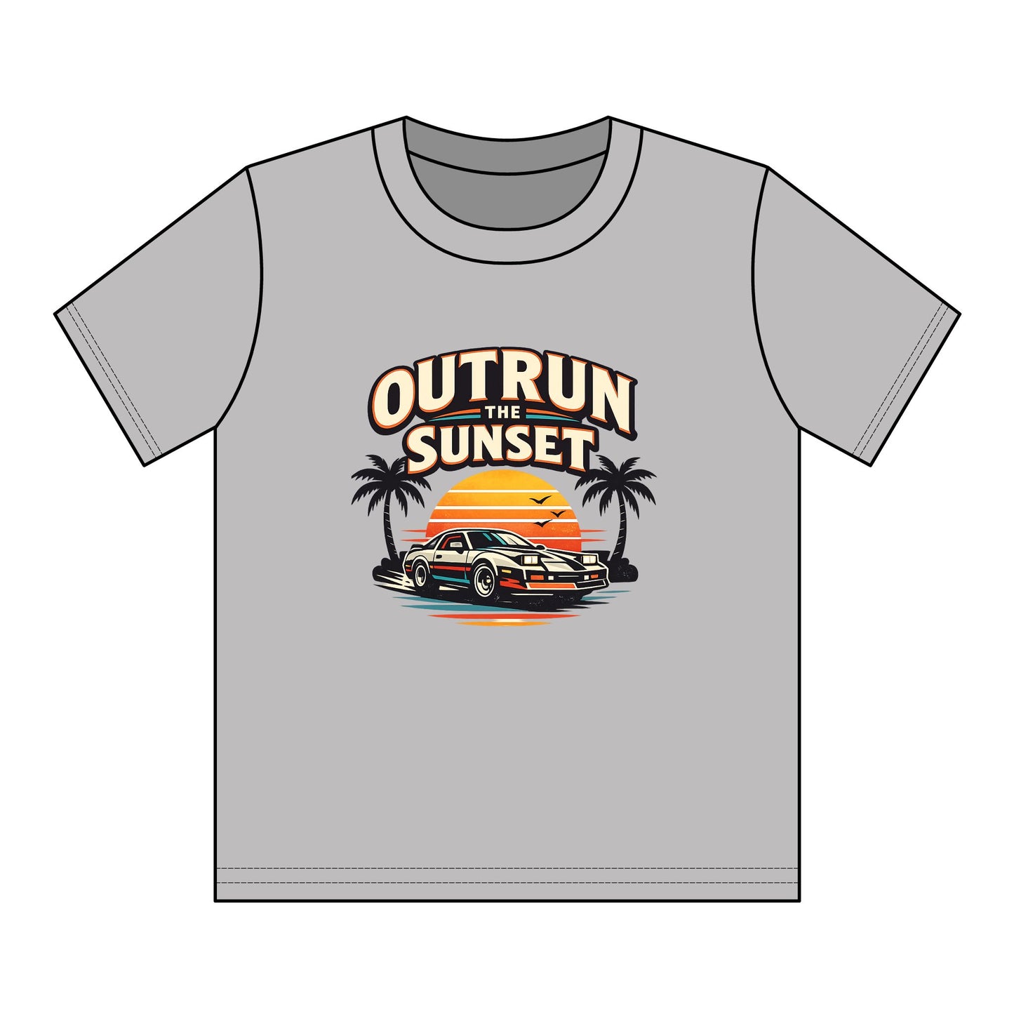 Youth Tee — "Outrun the Sunset" Retro Car Sunset Graphic