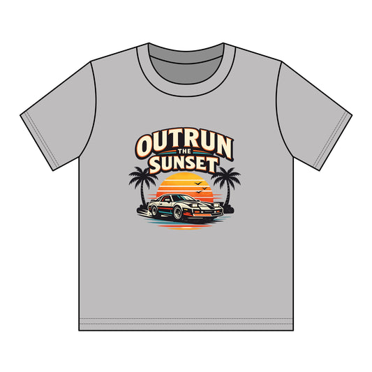 Youth Tee — "Outrun the Sunset" Retro Car Sunset Graphic
