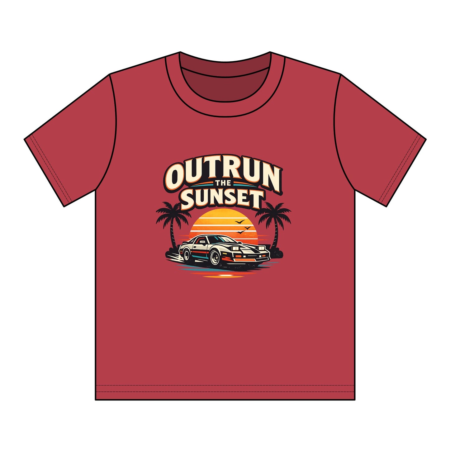 Youth Tee — "Outrun the Sunset" Retro Car Sunset Graphic