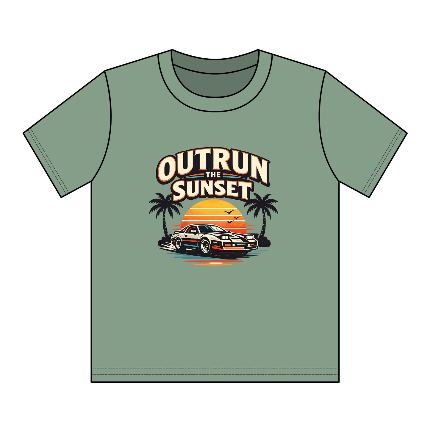 Youth Tee — "Outrun the Sunset" Retro Car Sunset Graphic