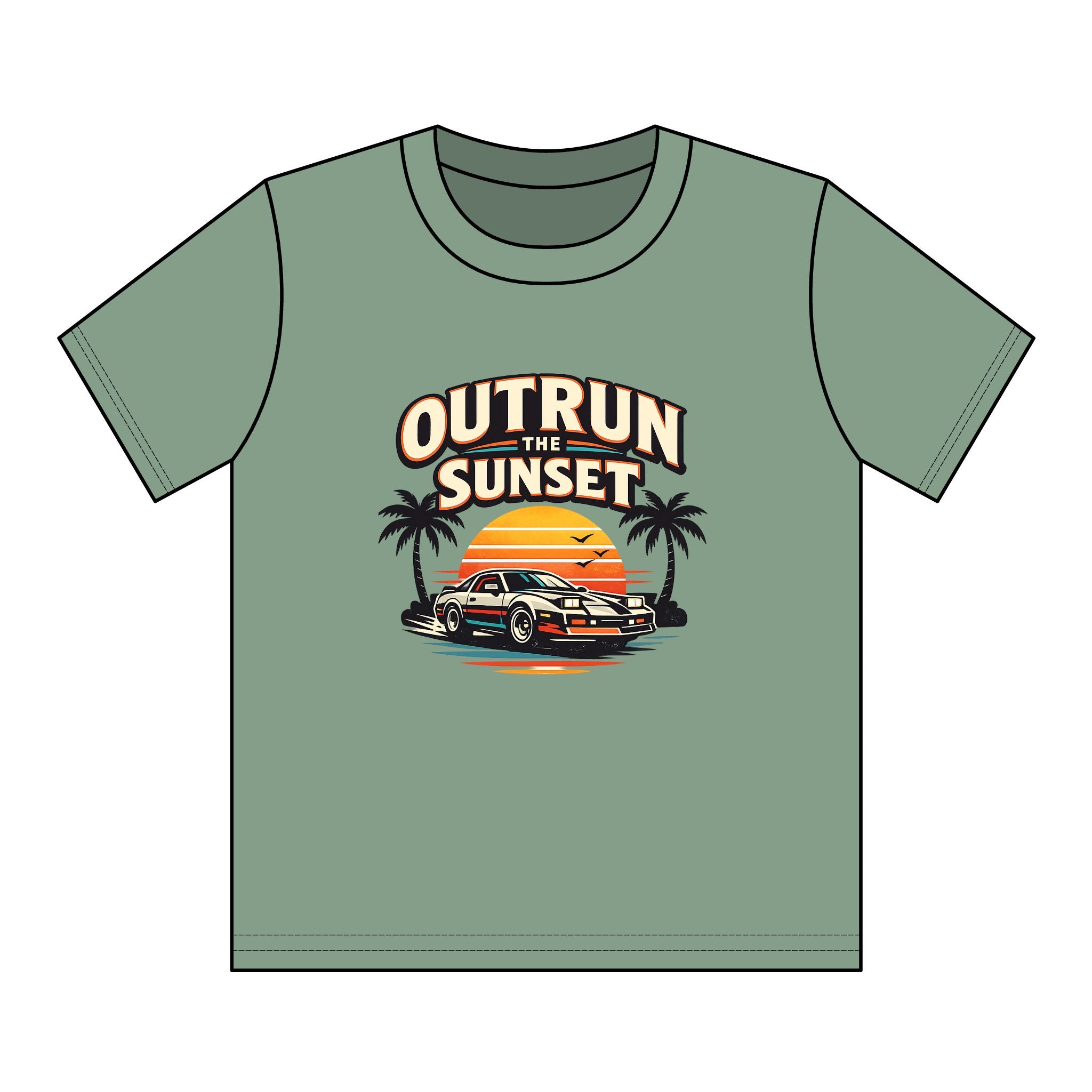 Youth Tee — "Outrun the Sunset" Retro Car Sunset Graphic