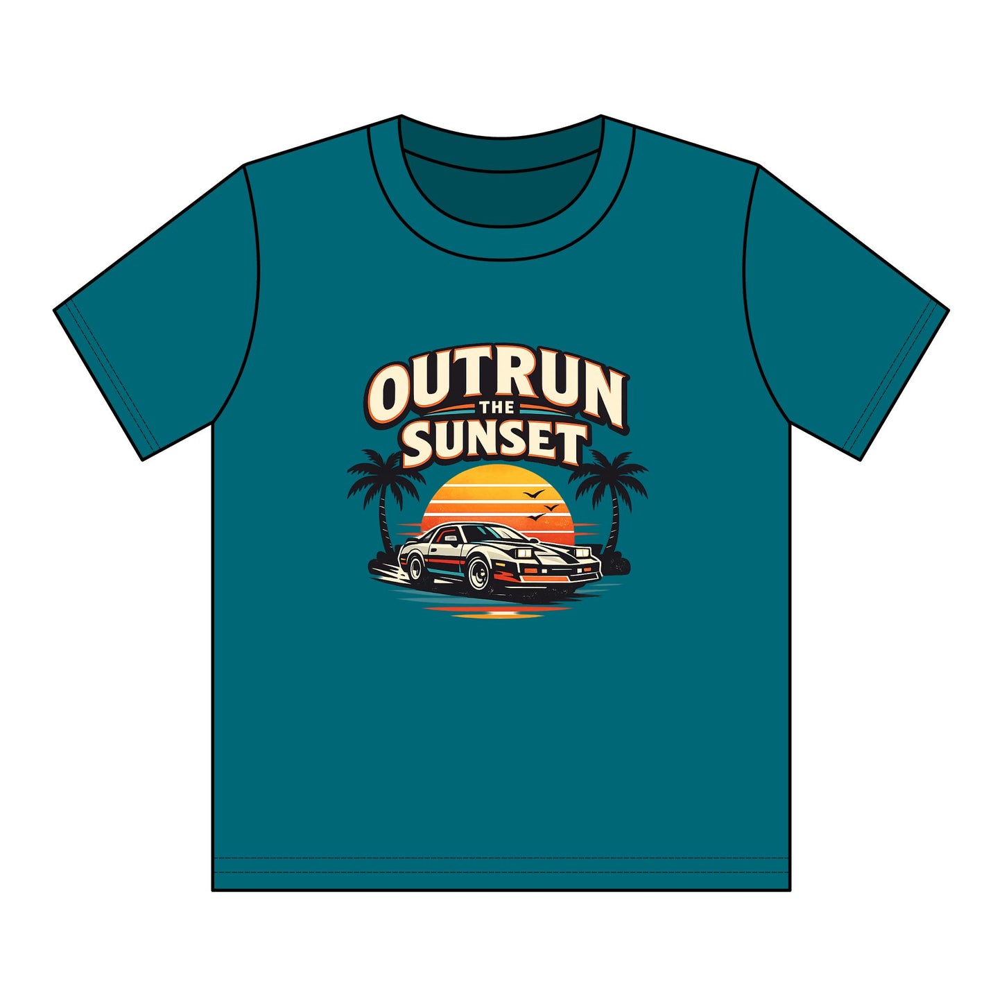 Youth Tee — "Outrun the Sunset" Retro Car Sunset Graphic
