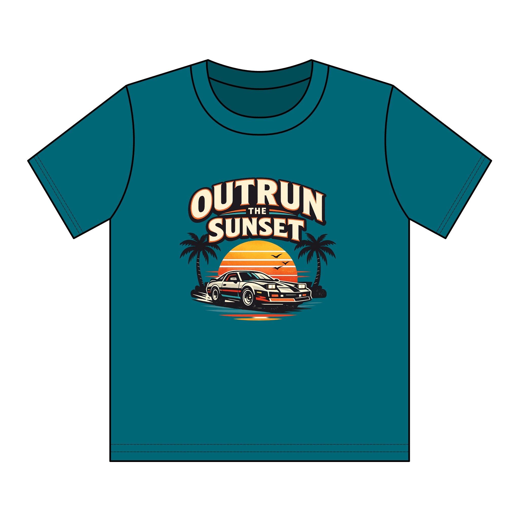 Youth Tee — "Outrun the Sunset" Retro Car Sunset Graphic