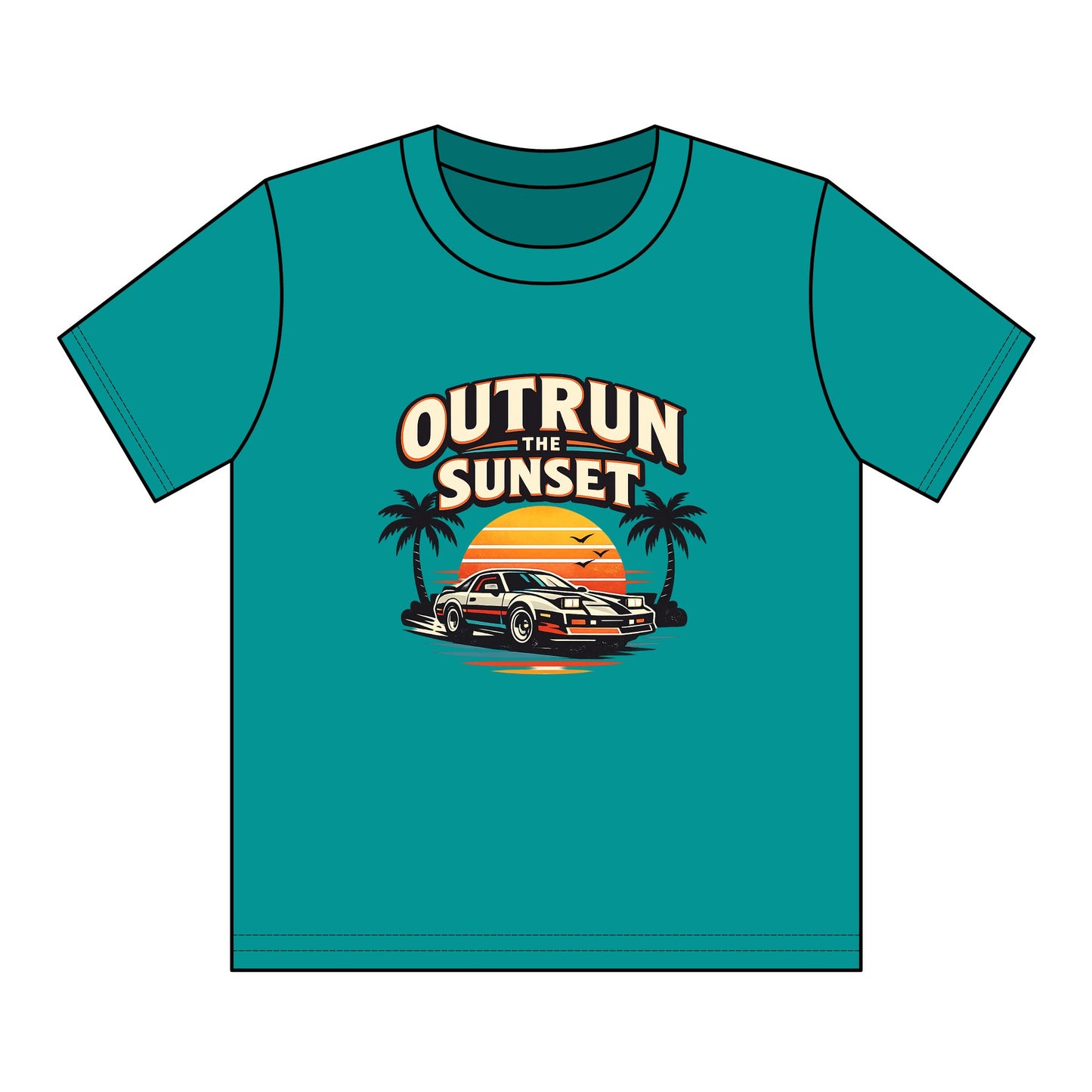 Youth Tee — "Outrun the Sunset" Retro Car Sunset Graphic
