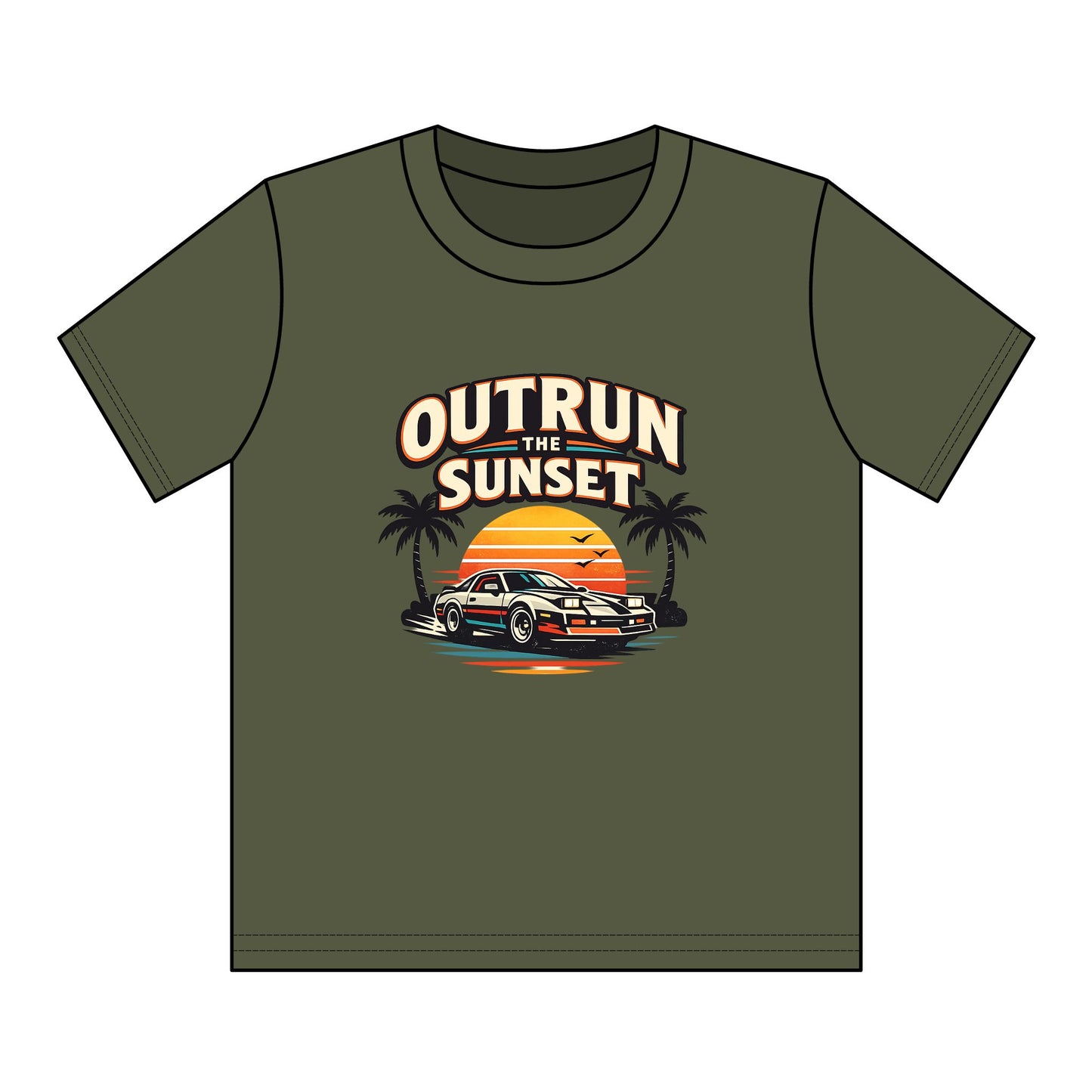 Youth Tee — "Outrun the Sunset" Retro Car Sunset Graphic