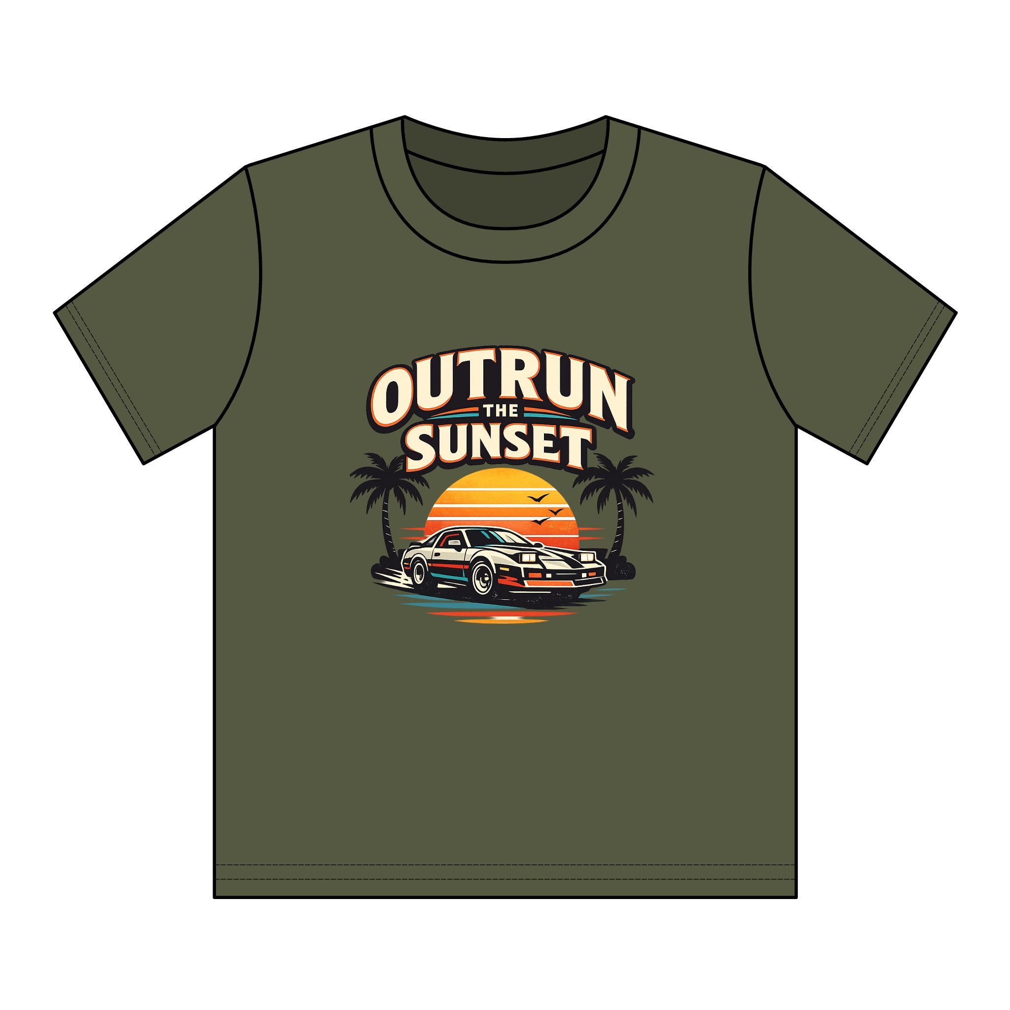 Youth Tee — "Outrun the Sunset" Retro Car Sunset Graphic