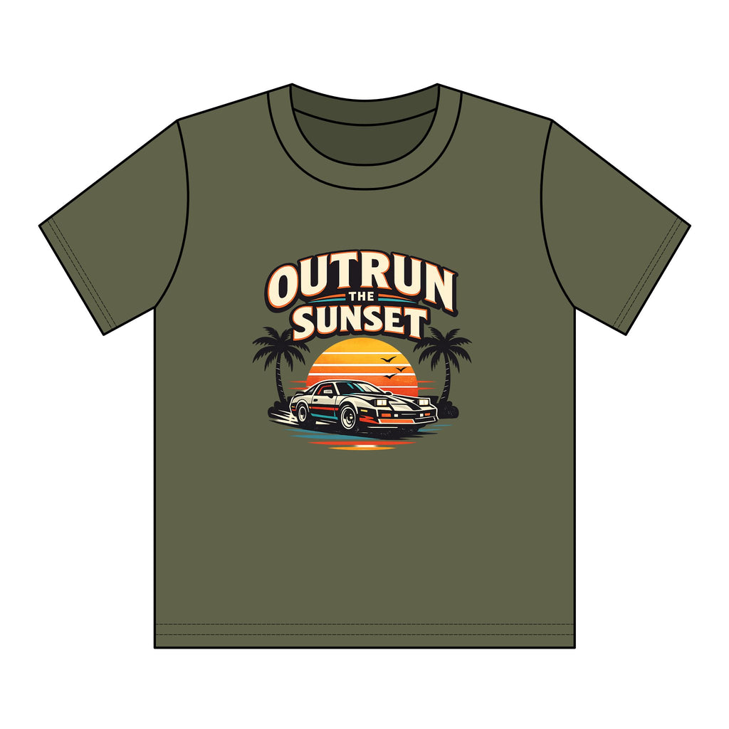 Youth Tee — "Outrun the Sunset" Retro Car Sunset Graphic