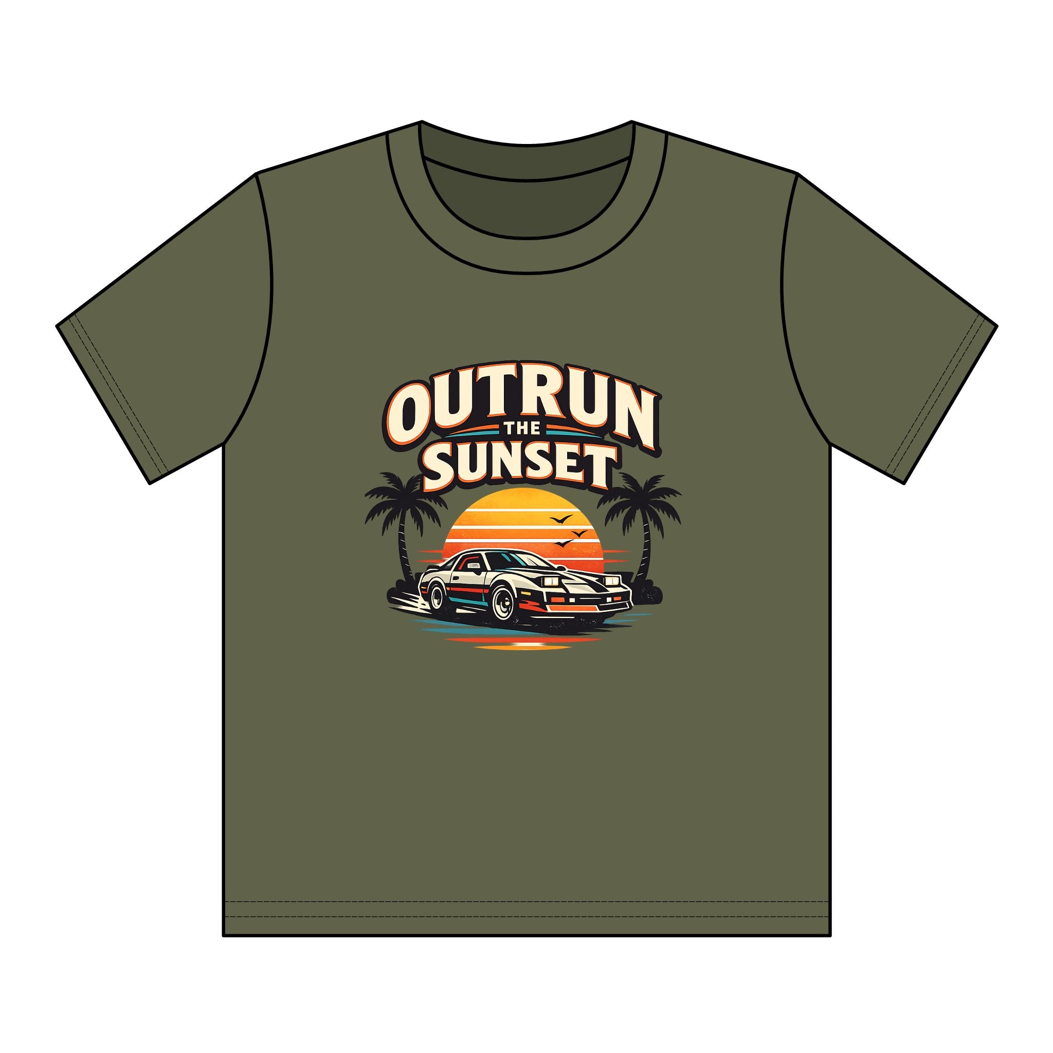 Youth Tee — "Outrun the Sunset" Retro Car Sunset Graphic