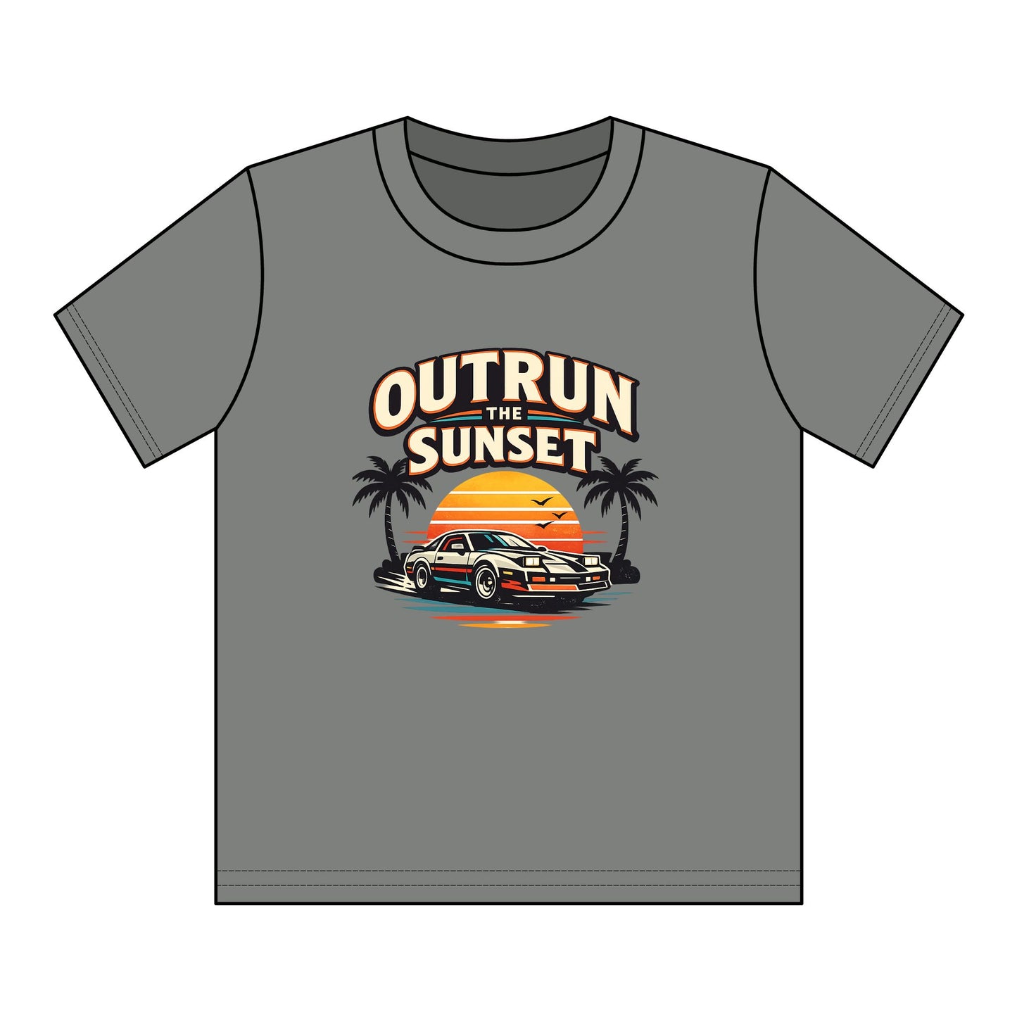 Youth Tee — "Outrun the Sunset" Retro Car Sunset Graphic