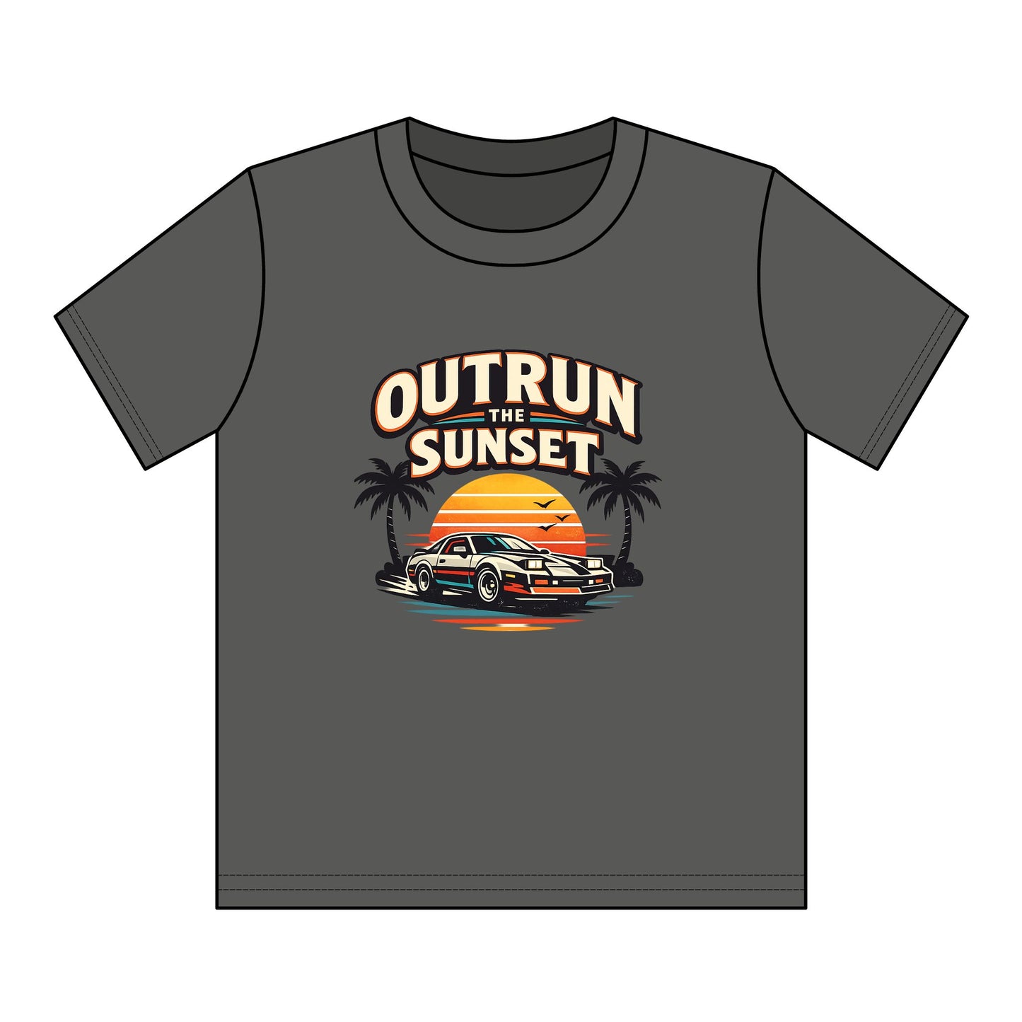 Youth Tee — "Outrun the Sunset" Retro Car Sunset Graphic