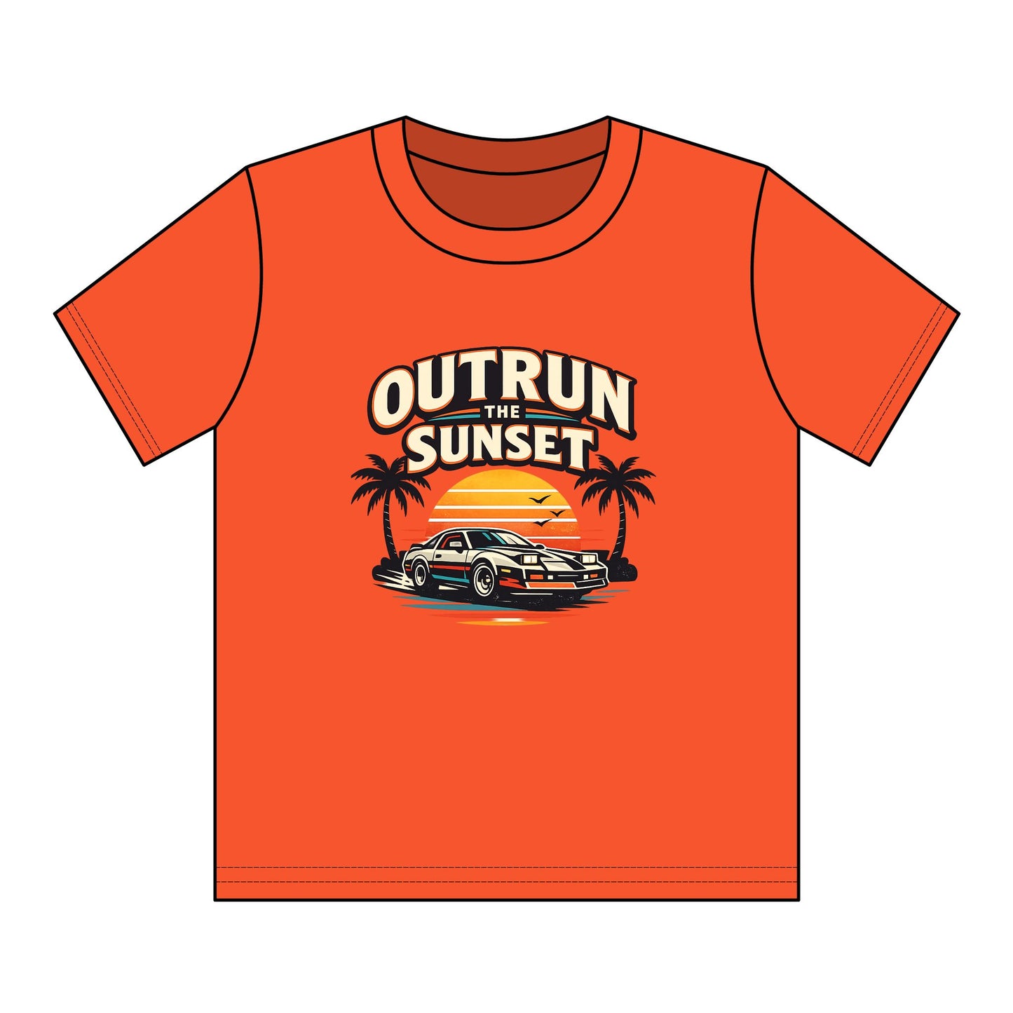 Youth Tee — "Outrun the Sunset" Retro Car Sunset Graphic
