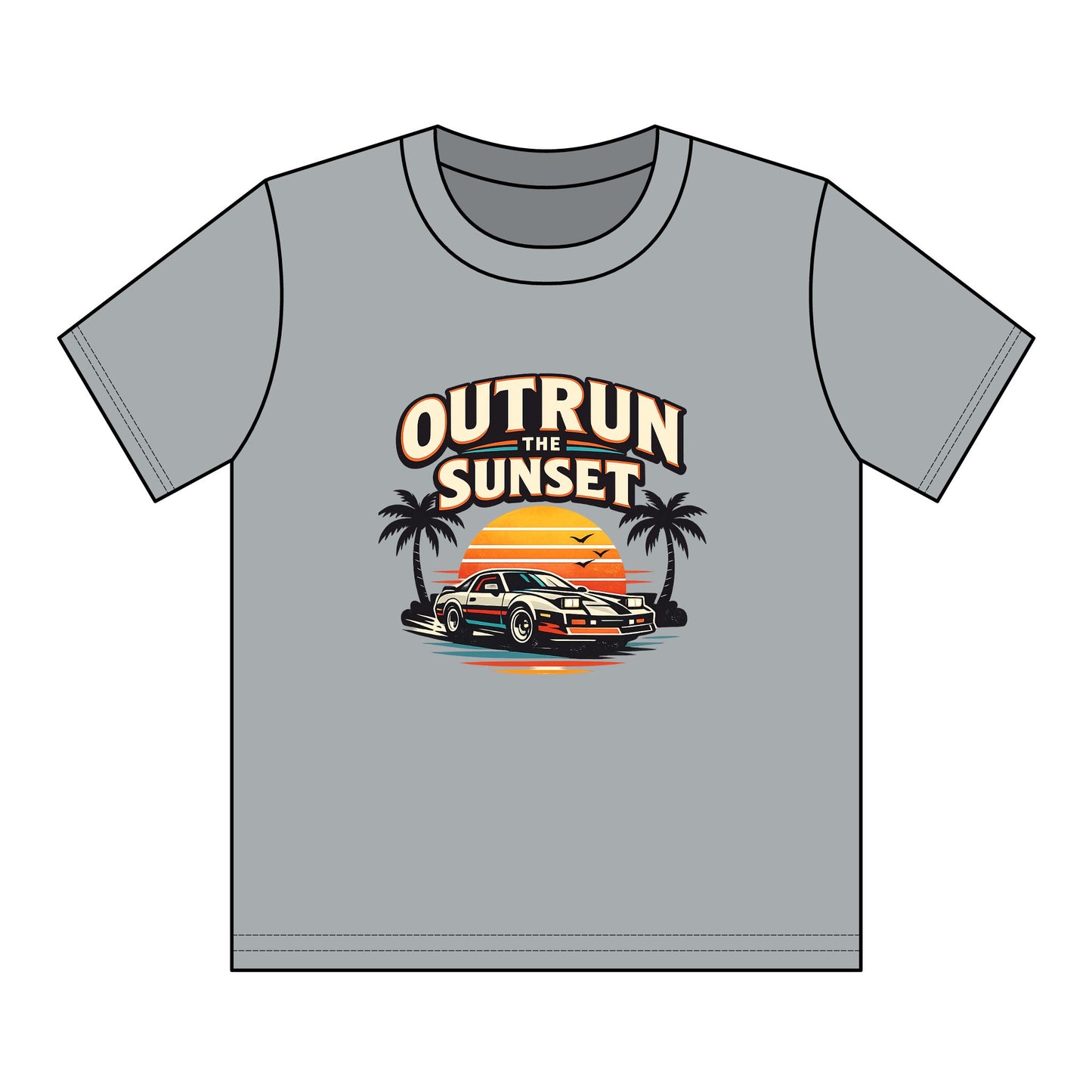 Youth Tee — "Outrun the Sunset" Retro Car Sunset Graphic