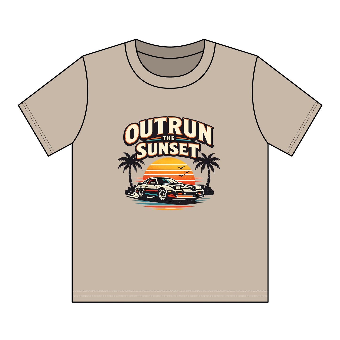 Youth Tee — "Outrun the Sunset" Retro Car Sunset Graphic