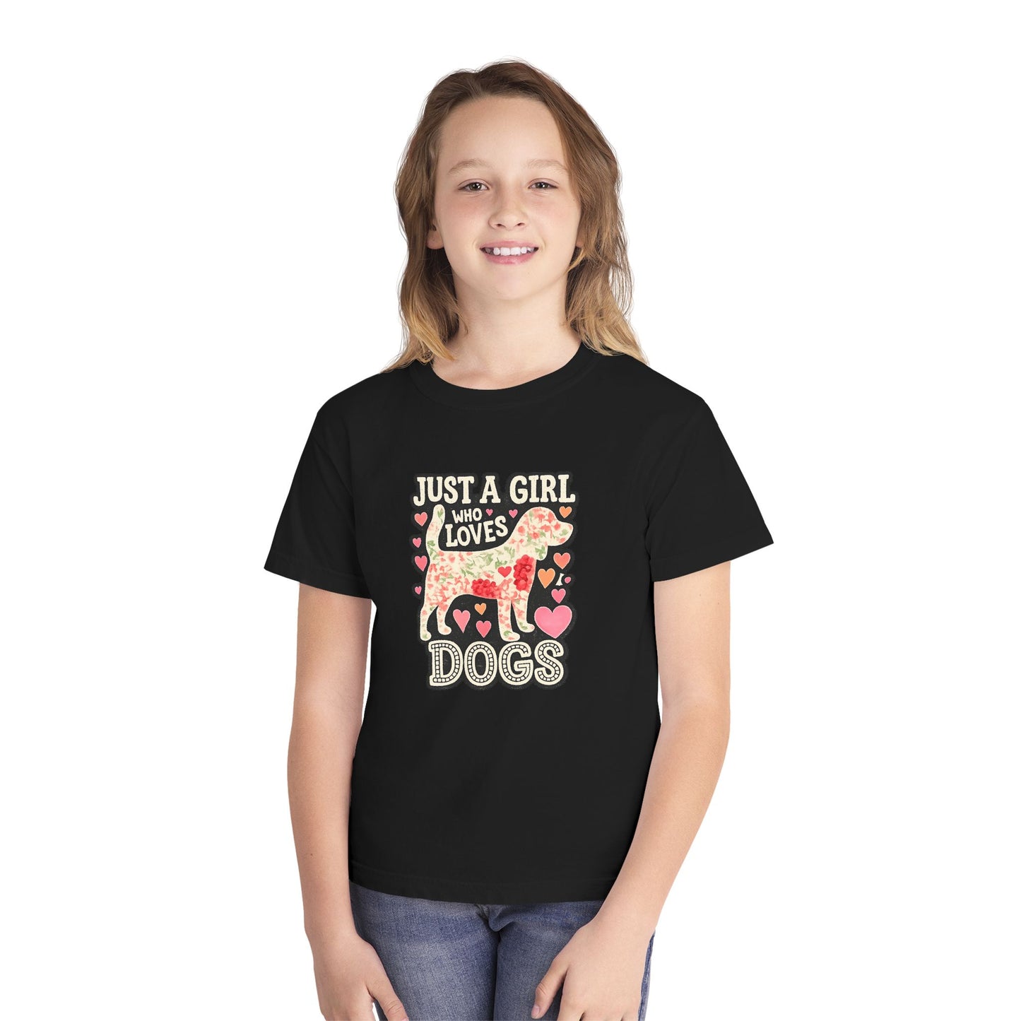 Youth Tee — "Just a Girl Who Loves Dogs" Cute Heart Dog Graphic