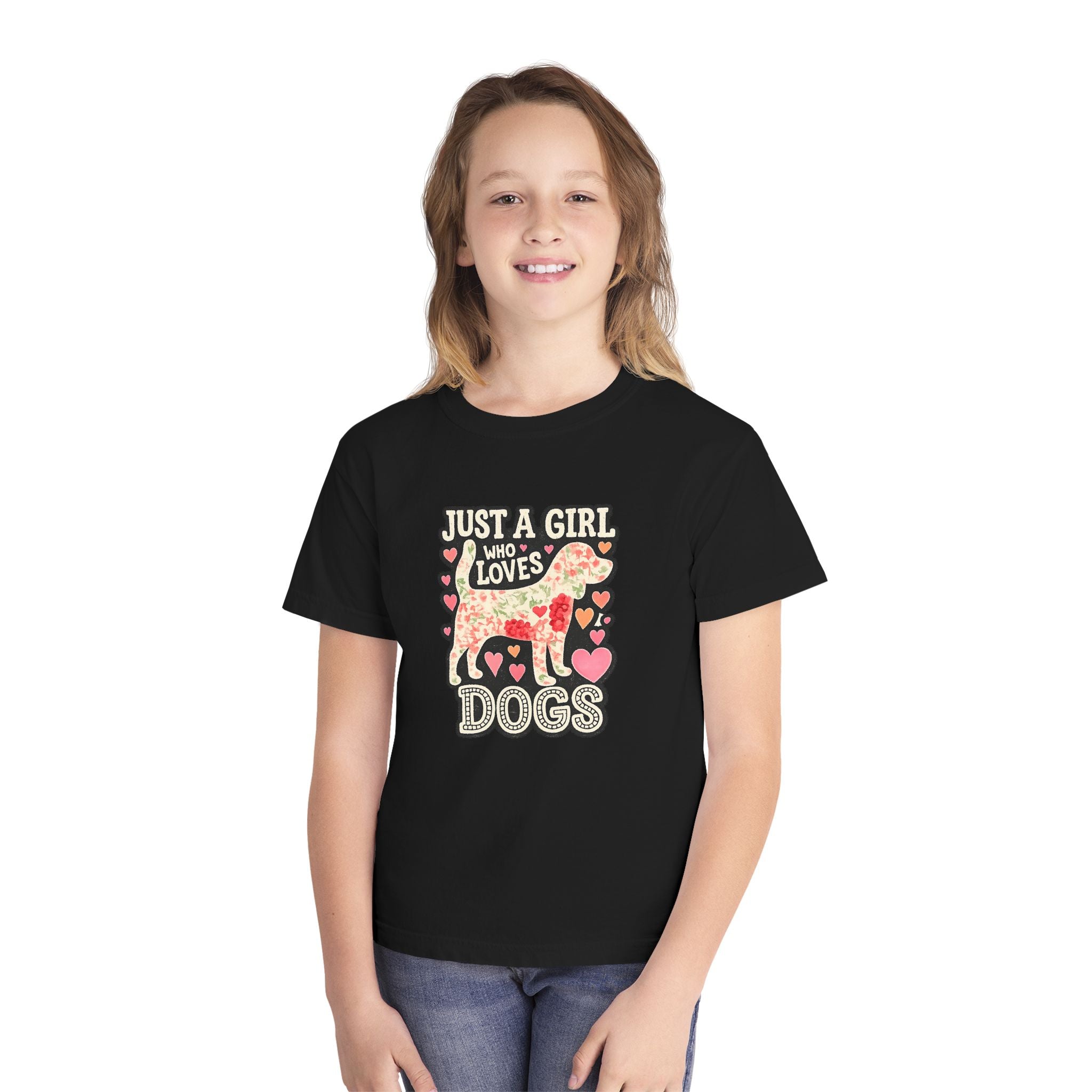 Youth Tee — "Just a Girl Who Loves Dogs" Cute Heart Dog Graphic