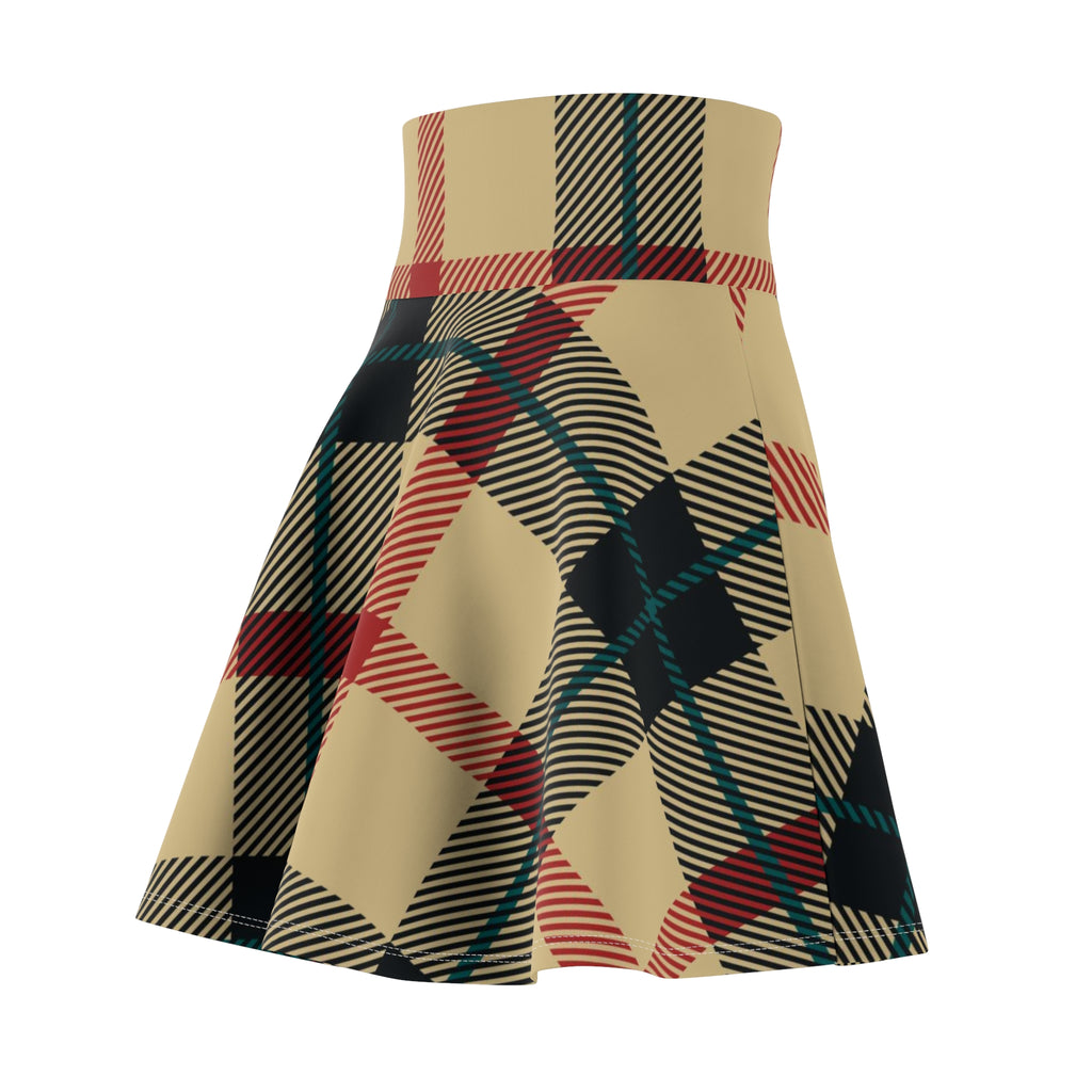 Plaid Skater Skirt — Vintage Beige & Red Tartan AOP