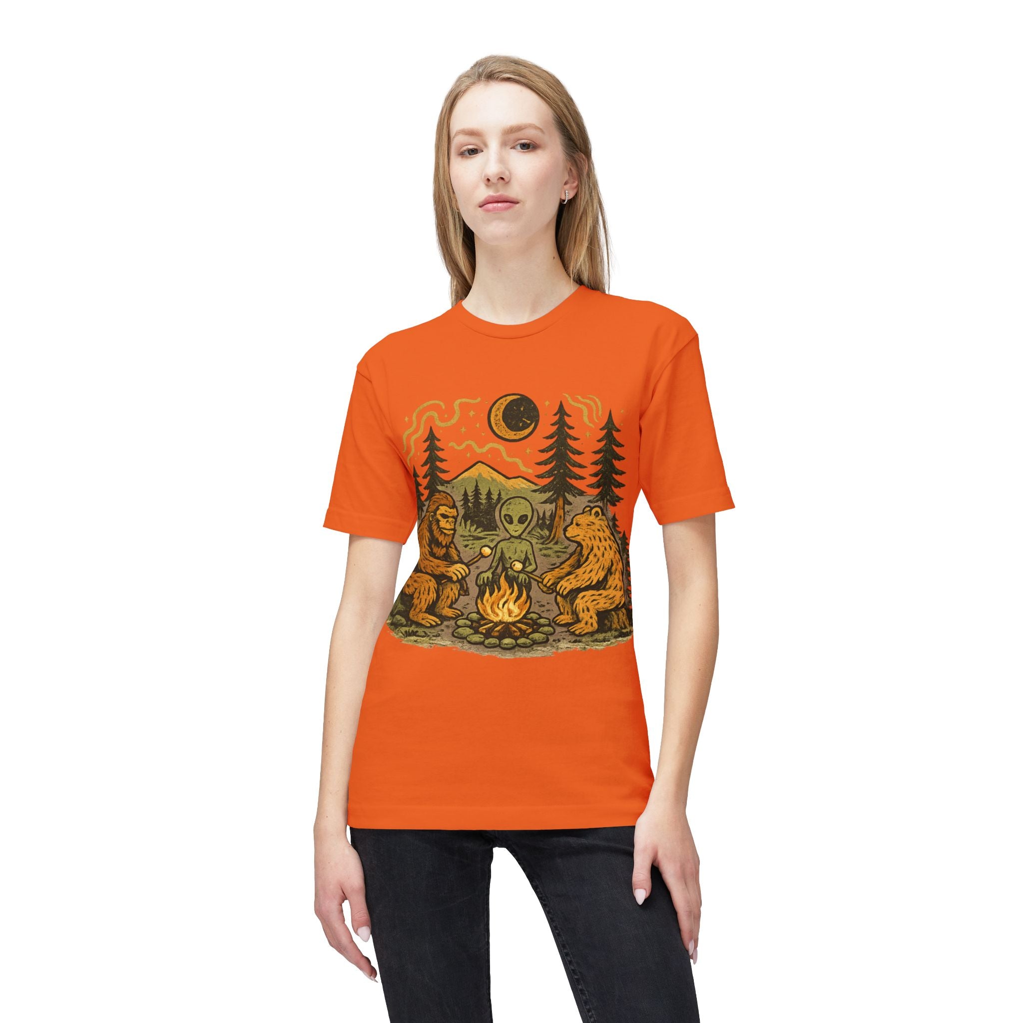Alien Campfire Tee — Bigfoot & Bear Night Camp Graphic T-Shirt