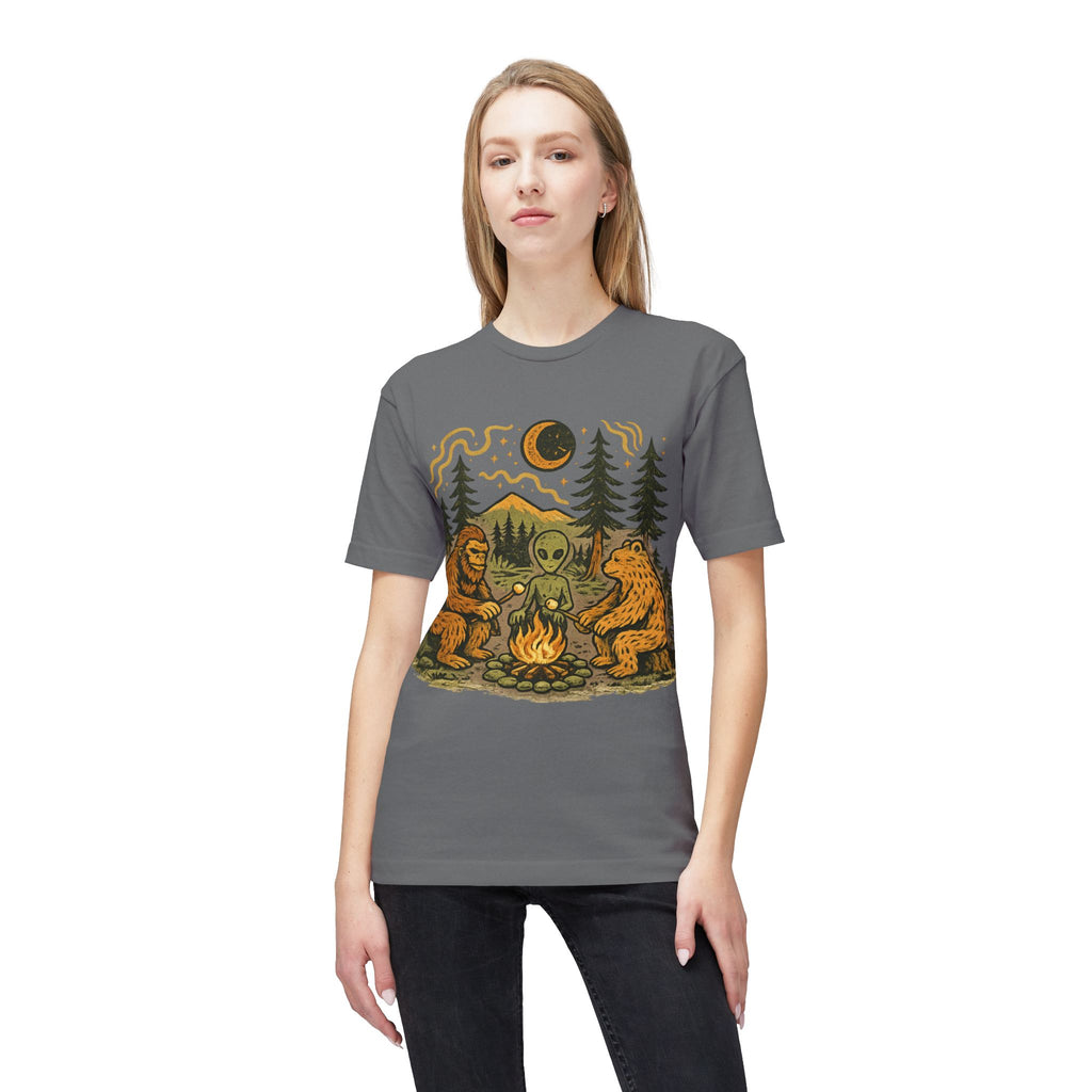 Alien Campfire Tee — Bigfoot & Bear Night Camp Graphic T-Shirt