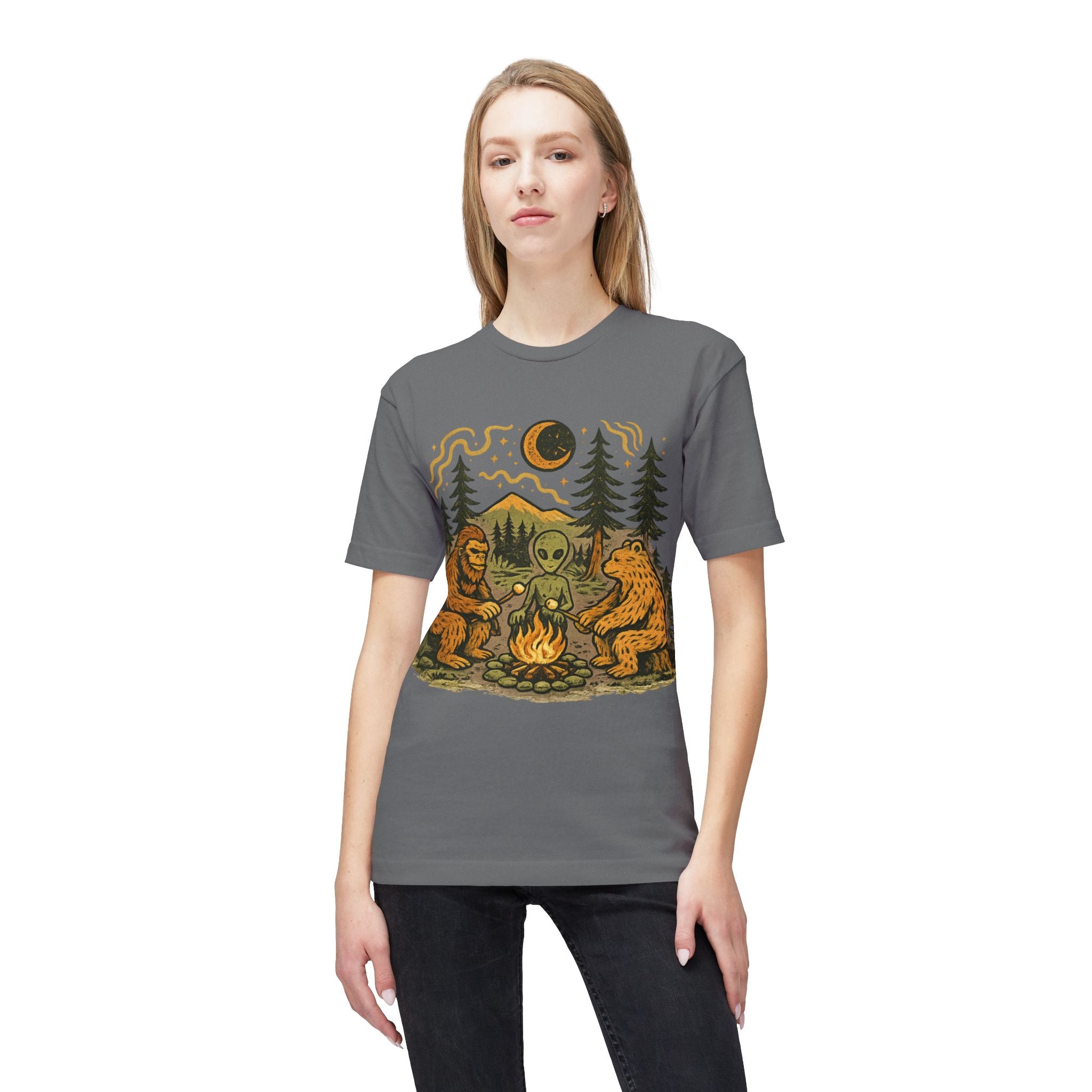 Alien Campfire Tee — Bigfoot & Bear Night Camp Graphic T-Shirt