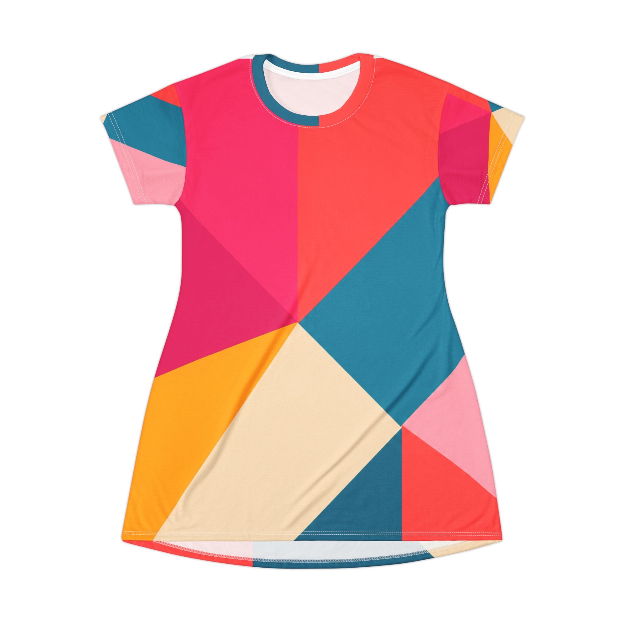 Geometric Colorblock T-Shirt Dress – Bright Abstract AOP