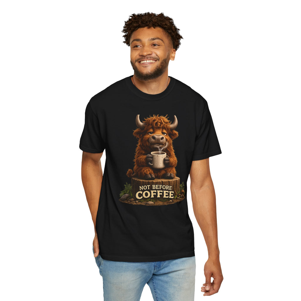 T-Shirt — Cute Highland Cow 'Not Before Coffee' Graphic Tee