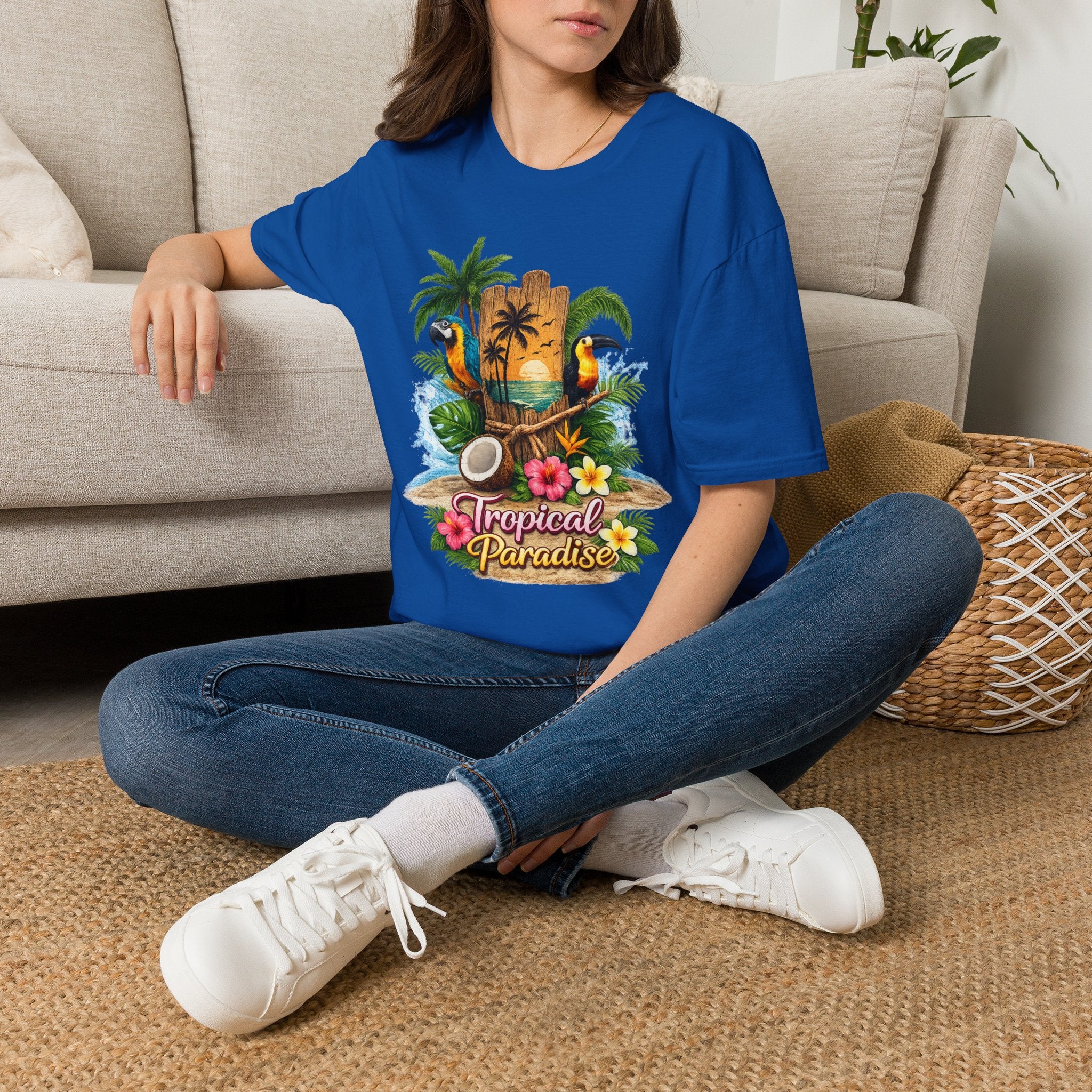 T-Shirt — Tropical Paradise Parrots Beach Graphic Tee