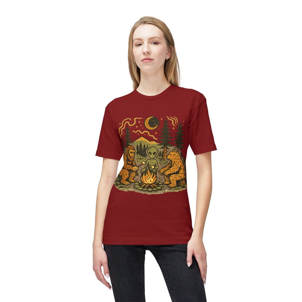 Alien Campfire Tee — Bigfoot & Bear Night Camp Graphic T-Shirt