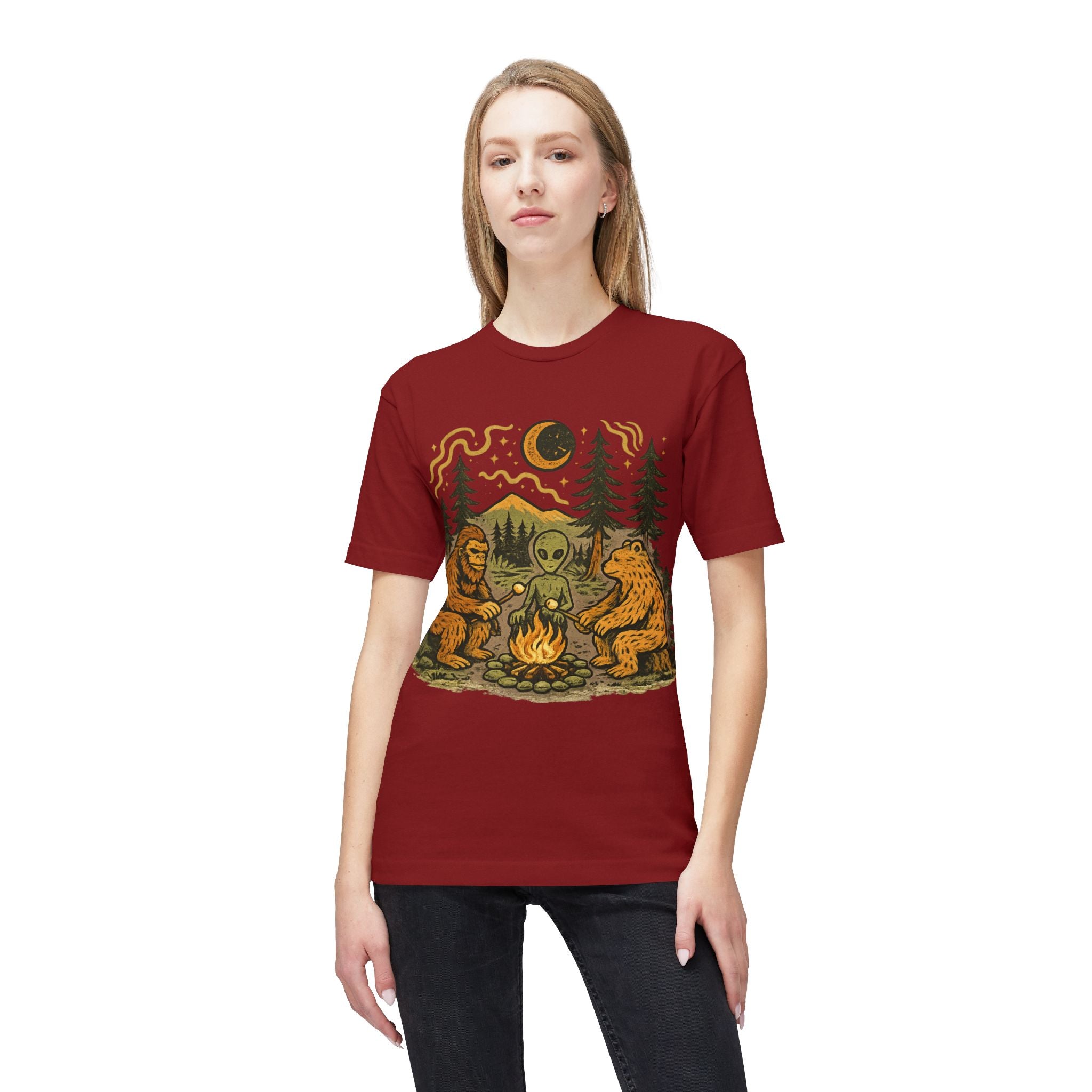 Alien Campfire Tee — Bigfoot & Bear Night Camp Graphic T-Shirt