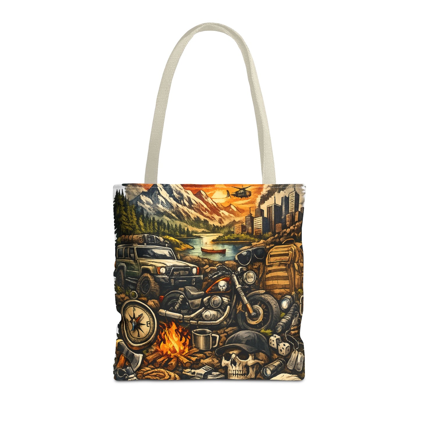 Adventure Motorcycle Tote Bag — Campfire Road Trip All-Over Print